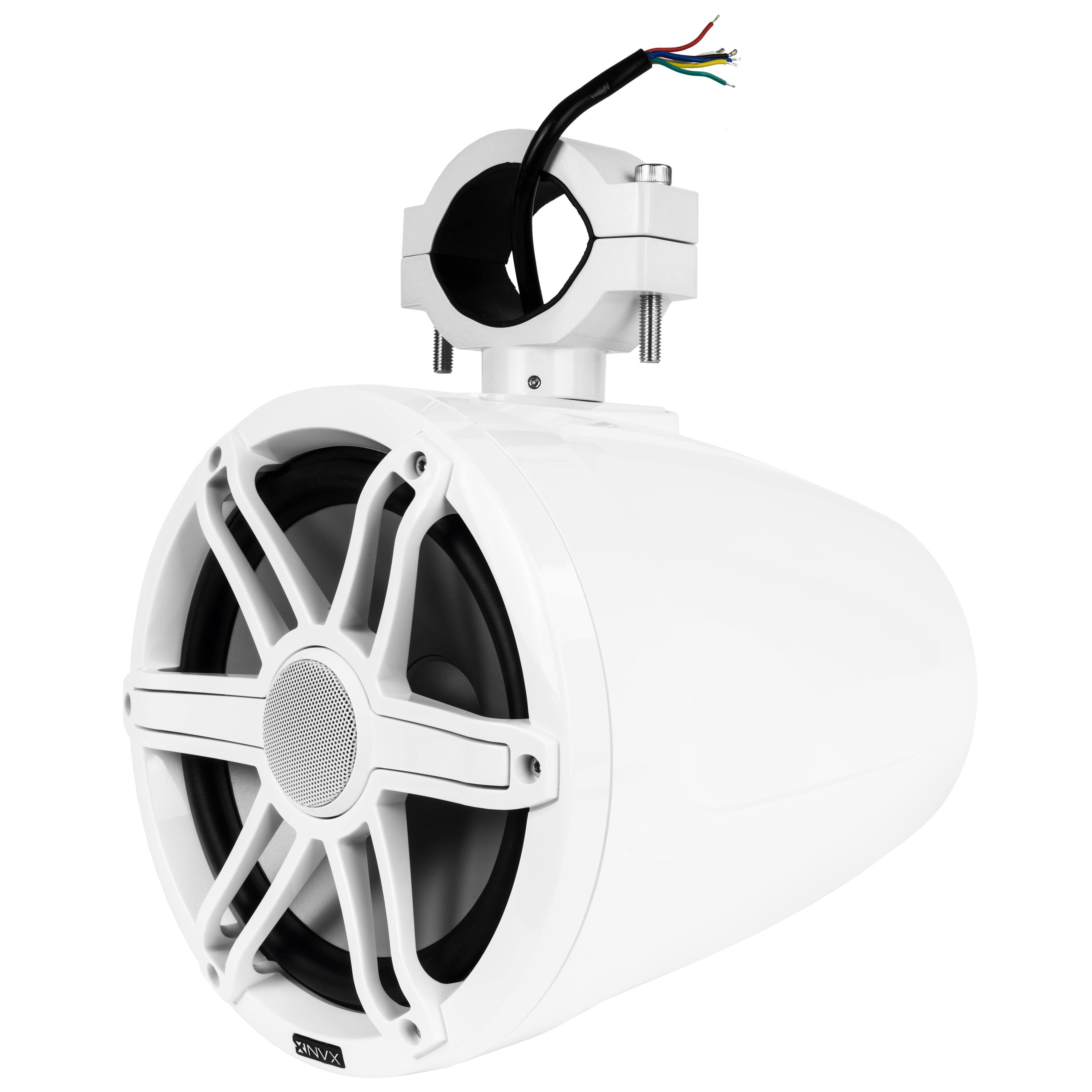 Alt View 1. NVX - MVTSP8W (Sold Individually) 125W RMS 8in V-Series 2-Way Marine Tower Speaker with LED Lighting and Swiveling Clamps.
