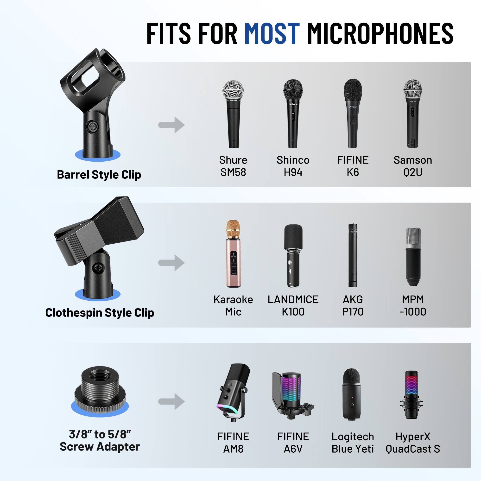 FITS FOR MOST MICROPHONES

Barrel Style Clip
- Shure SM58
- Shinco H94
- FIFINE K6
- Samson Q2U

Clothespin Style Clip
- Karaoke Mic
- LANDMICE K100
- AKG P170
- MPM -1000

3/8" to 5/8" Screw Adapter
- FIFINE AM8
- FIFINE A6V
- Logitech Blue Yeti
- HyperX QuadCast S