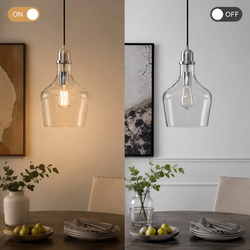 Alt View 3. RYHNUYNE - Vintage Clear Glass Pendant Light Fixture,Silver Hanging Ceiling Light for Kitchen Island Dining Room - Silver.