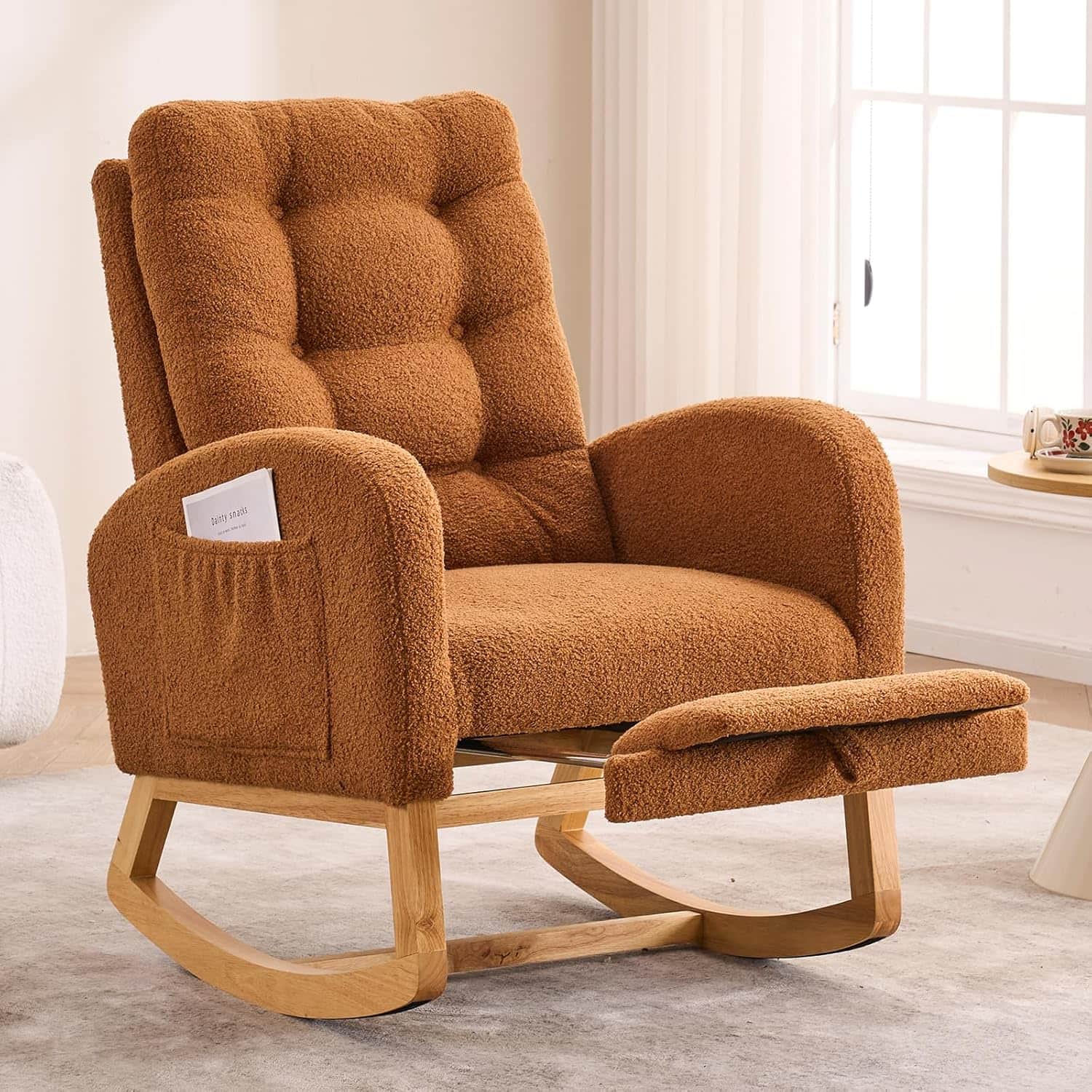 Trinkets Crazed - Nursery Rocking Chair Upholstered Glider Chair with Footrest Tufted Rocker Recliner with Side Pocket - Brown Teddy