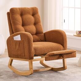 Trinkets Crazed - Nursery Rocking Chair Upholstered Glider Chair with Footrest Tufted Rocker Recliner with Side Pocket - Brown Teddy