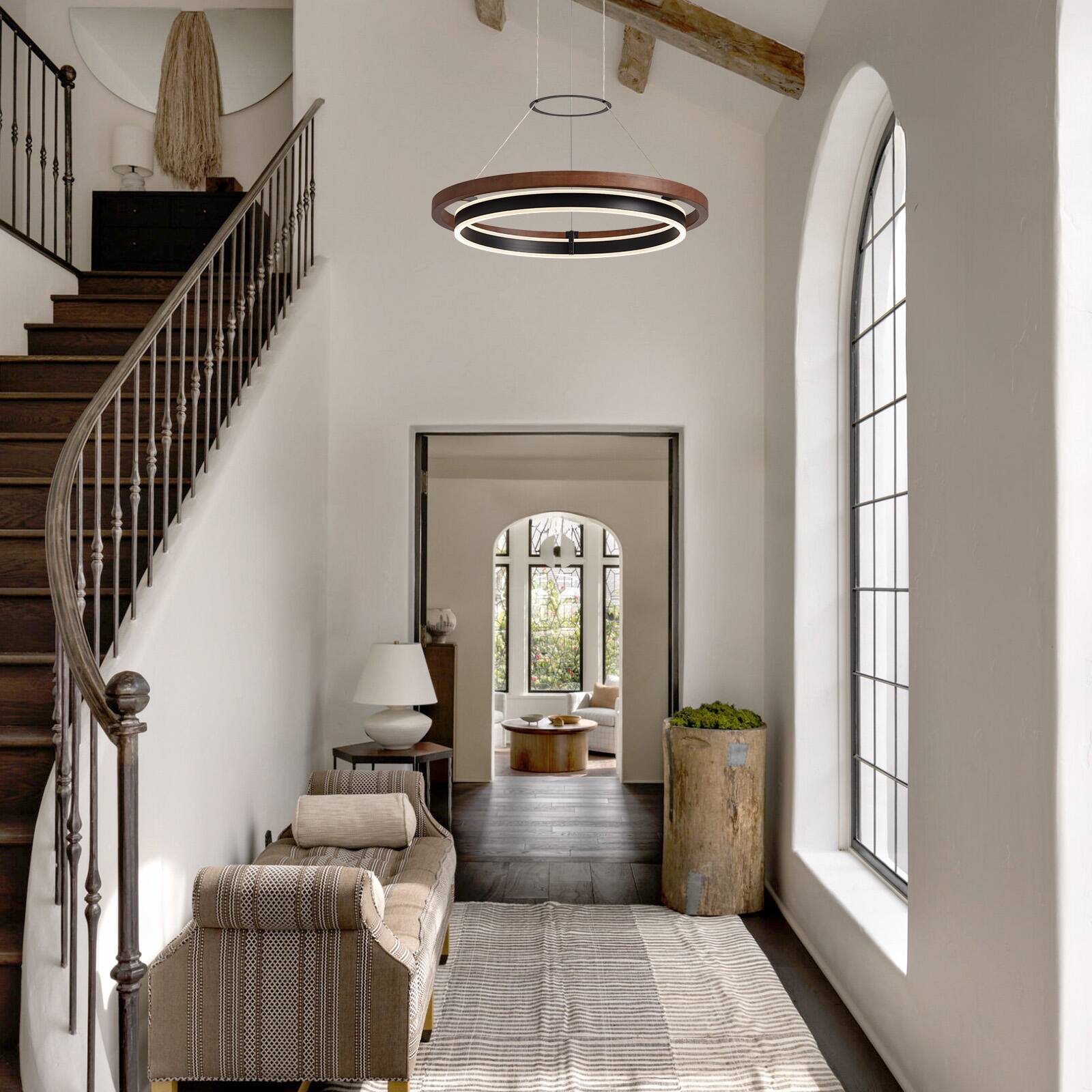 Alt View 5. Siljoy - 23.6 Inch Double Ring LED Pendant Light, Modern Wood Grain Nordic Chandelier for Living Room Dining Bedroom - Brown.