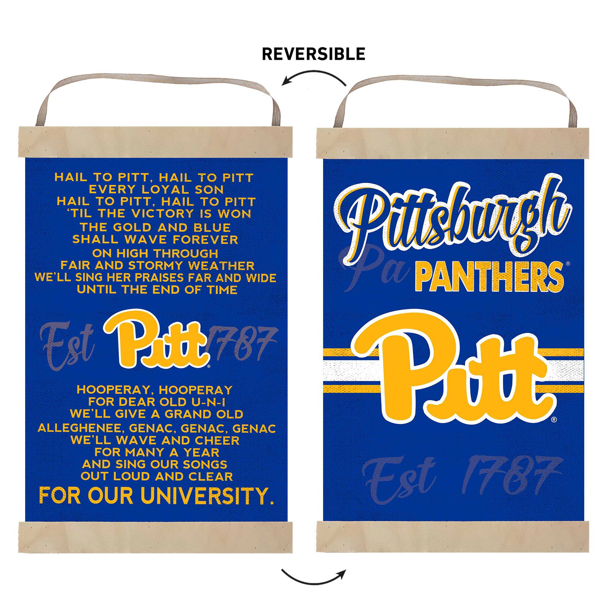 **Front Side:**

Hail to Pitt, Hail to Pitt  
Hail to Pitt, Hail to Pitt  
Every loyal son  
Hail to Pitt, Hail to Pitt  
'Til the victory is won  
Shall the gold and blue  
On high through and forever  
Fair and stormy weather  
We'll sing her praises far and wide  
Until the end of time

Est Pitt 1787

Hooperay, Hooperay  
For dear old U-N-I  
We'll give a grand old  
Allegheney, Genac, Genac, Genac  
We'll wave and cheer  
For many a year  
And sing our songs  
Out loud and clear  
For our university.

**Back Side:**

Pittsburgh  
Pa  
PANTHERS  
Pitt  
Est 1787