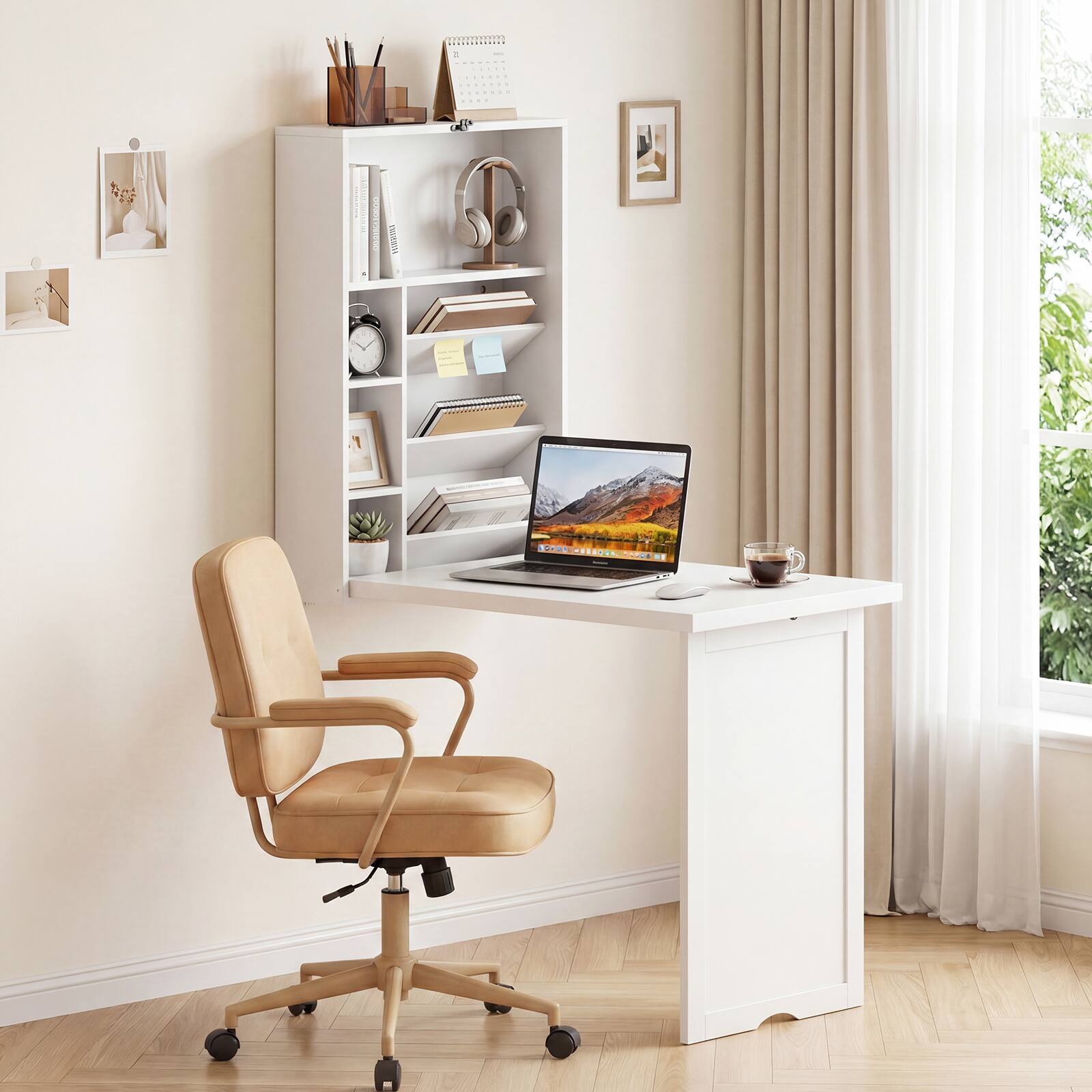 Alt View 1. Costway - Wall Mounted Computer Convertible Desk with Bookcases - White.