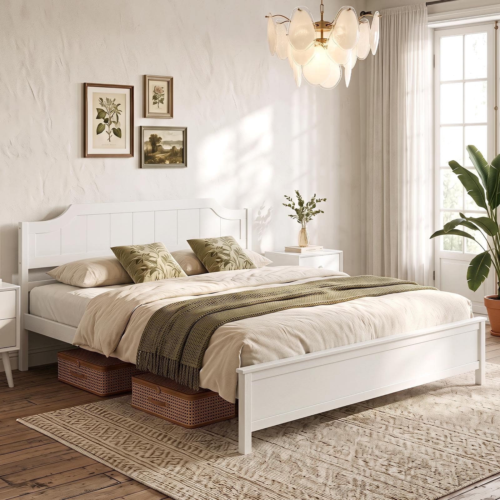 Costway - King Size Solid Wood Platform Bed Frame with Headboard, Wood Slat Support - White+Natural