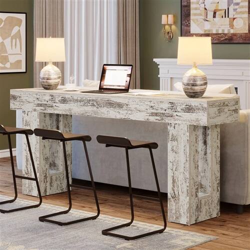 Back. SlickBlue - Modern Farmhouse Sofa Table with Distressed Wood Finish for Entryway - Rustic White.