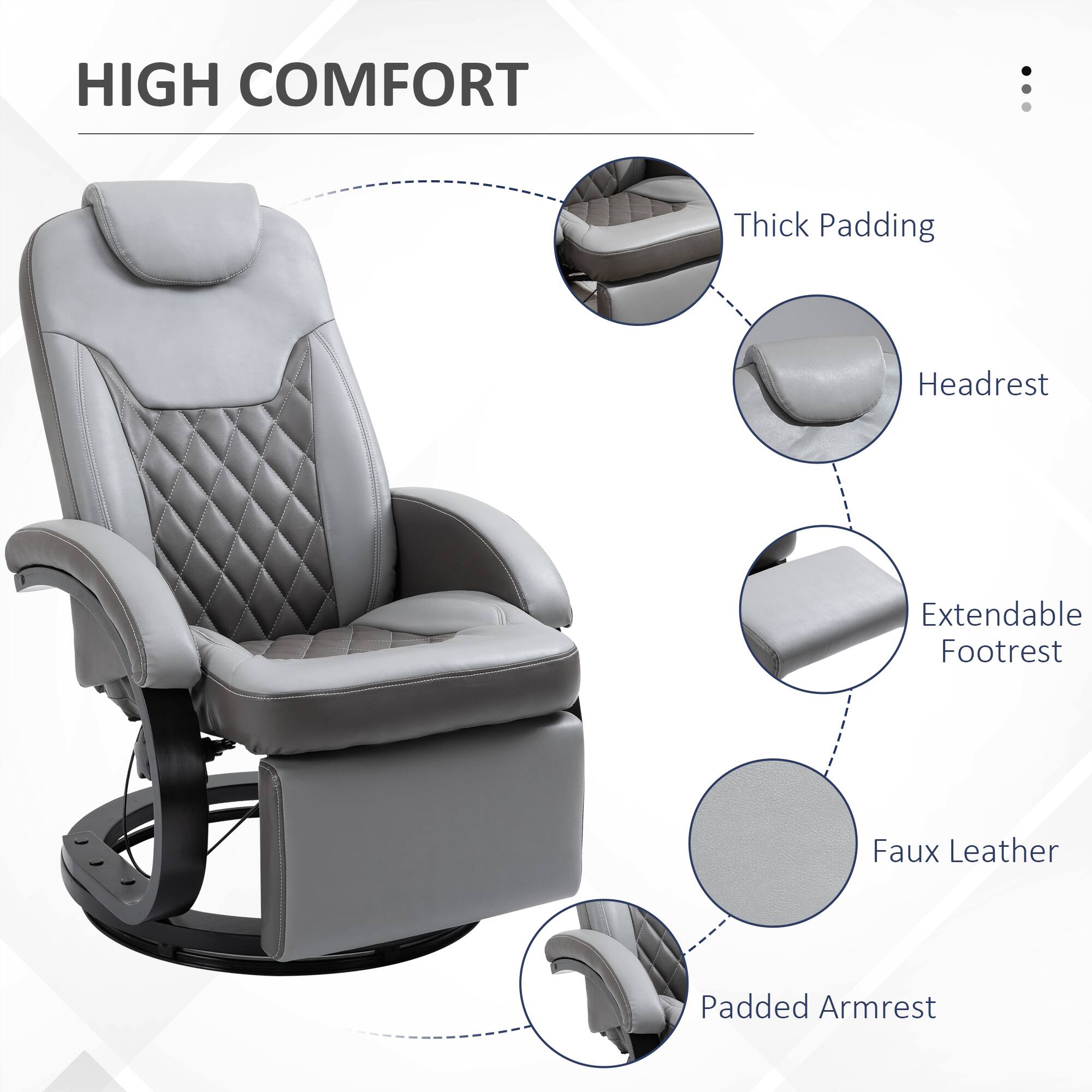HIGH COMFORT

- Thick Padding
- Headrest
- Extendable Footrest
- Faux Leather
- Padded Armrest