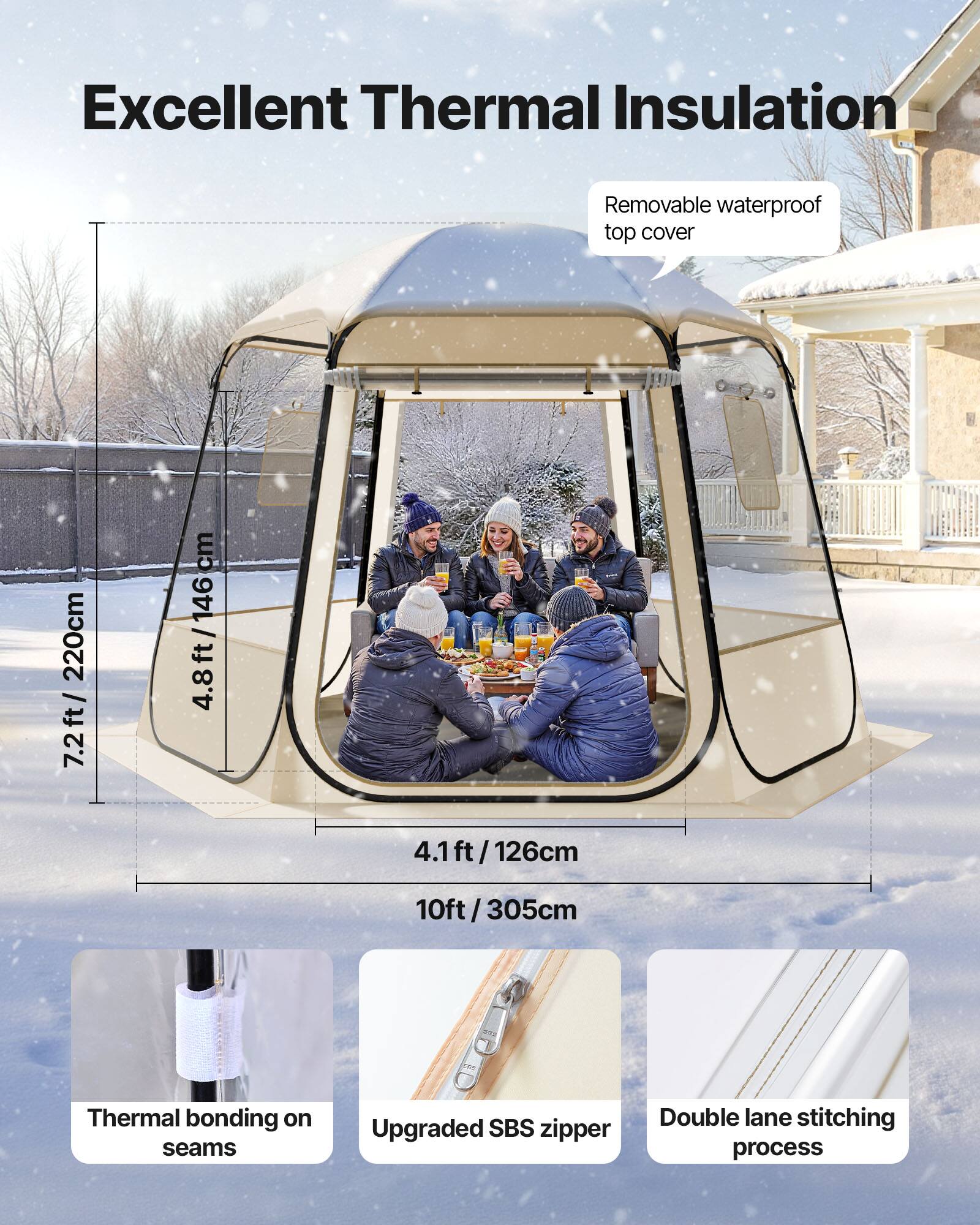 Excellent Thermal Insulation

- Removable waterproof top cover
- 7.2 ft / 220 cm
- 4.8 ft / 146 cm
- 4.1 ft / 126 cm
- 10 ft / 305 cm

Features:
- Thermal bonding on seams
- Upgraded SBS zipper
- Double lane stitching process