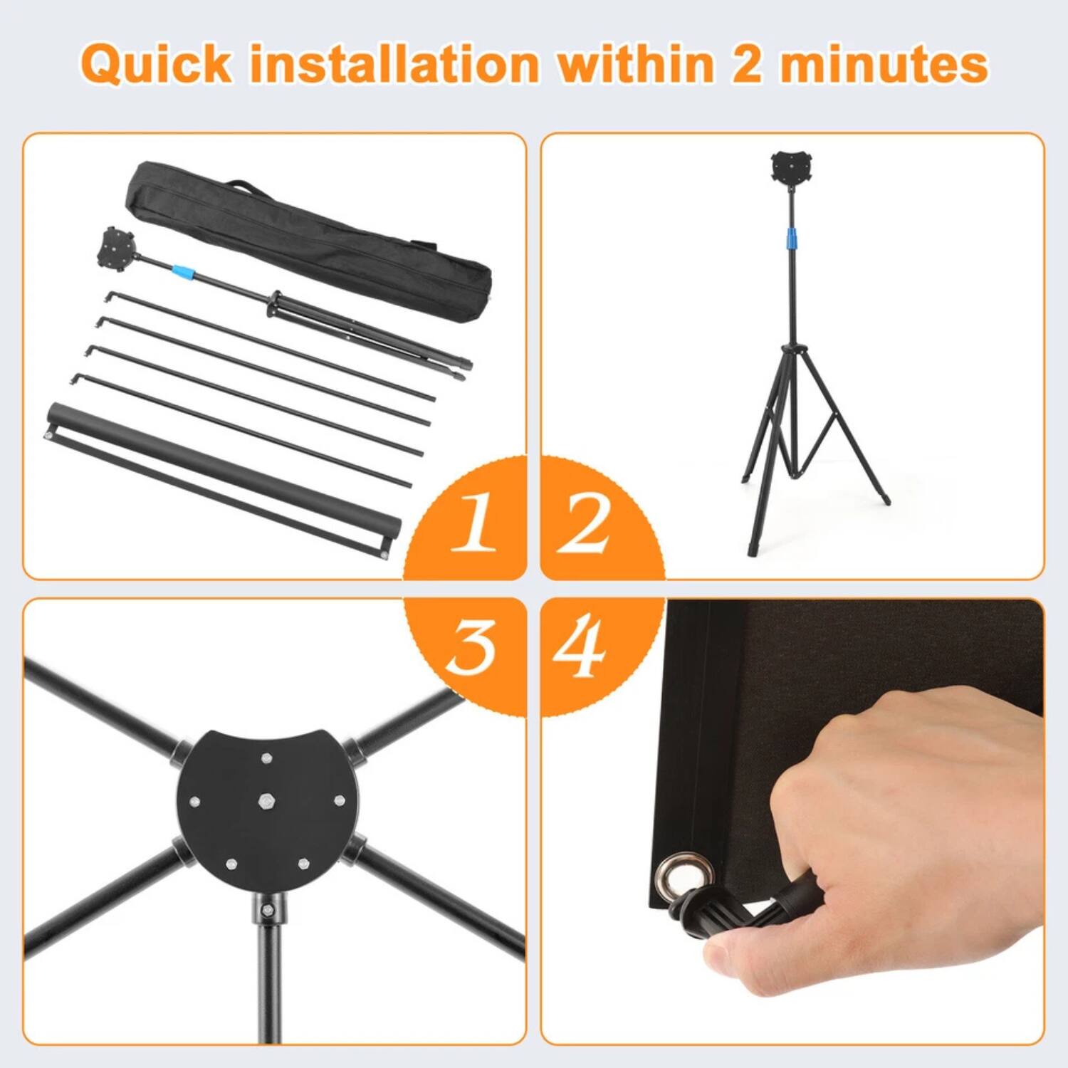 Quick installation within 2 minutes

1. Unpack the kit
2. Assemble the tripod
3. Attach the light bar
4. Secure the light bar to the wall