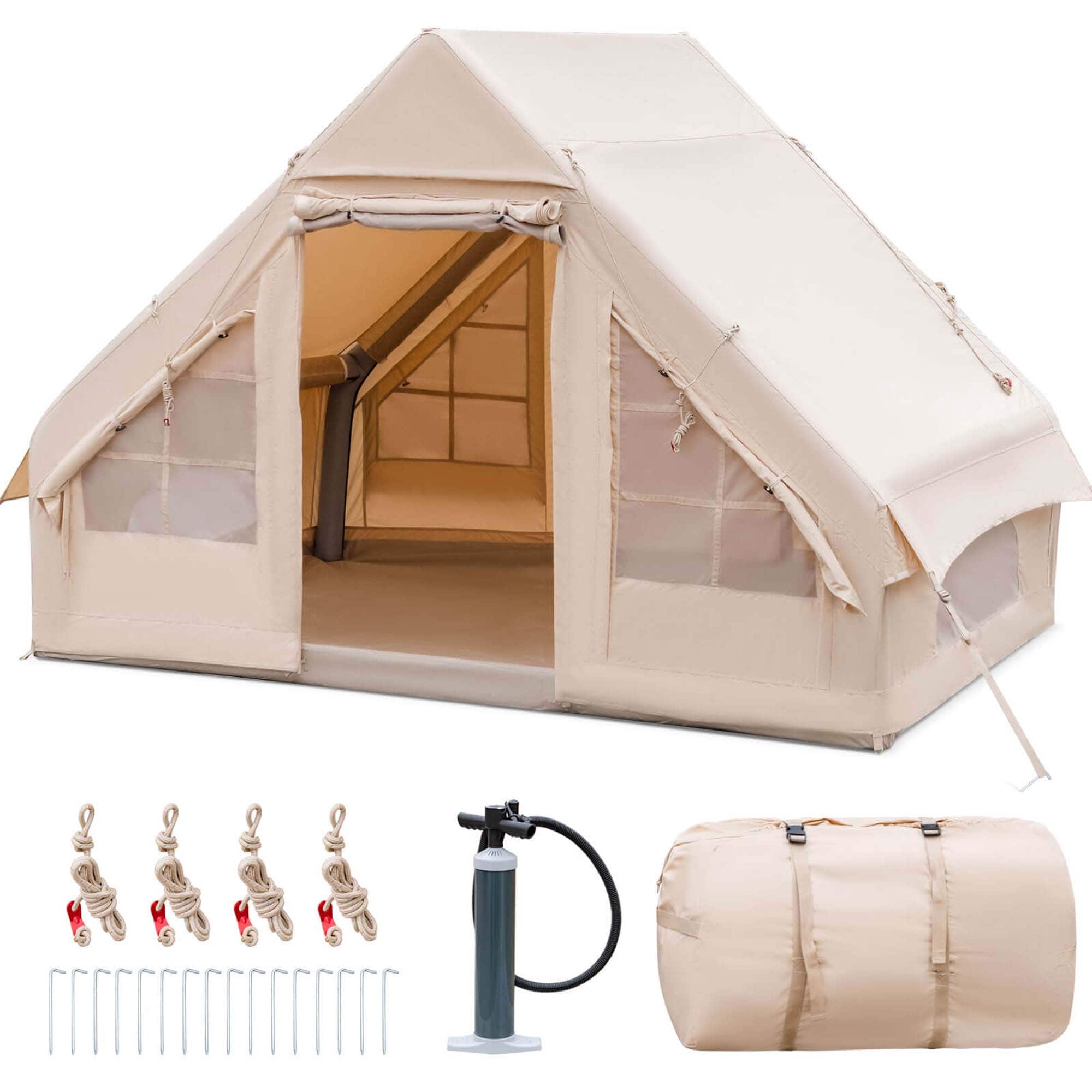 Front. Costway - Inflatable Camping Tent 2-6 People Cotton Glamping Tent for Family Camping - Beige.