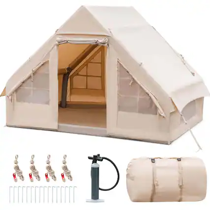 Front. Costway - Inflatable Camping Tent 2-6 People Cotton Glamping Tent for Family Camping - Beige.