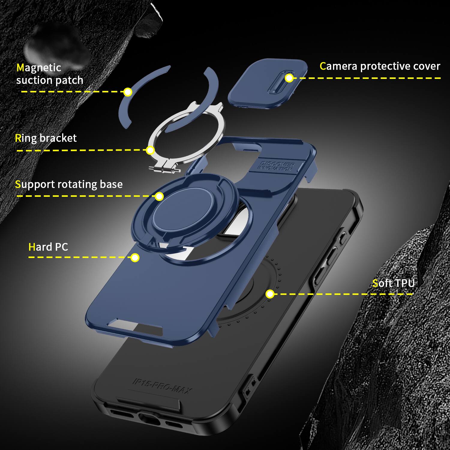Magnetic suction patch  
Camera protective cover  
Ring bracket  
Support rotating base  
DISCOVER INNOVATION  
Hard PC  
Soft TPU  
IP15-PRO-MAX