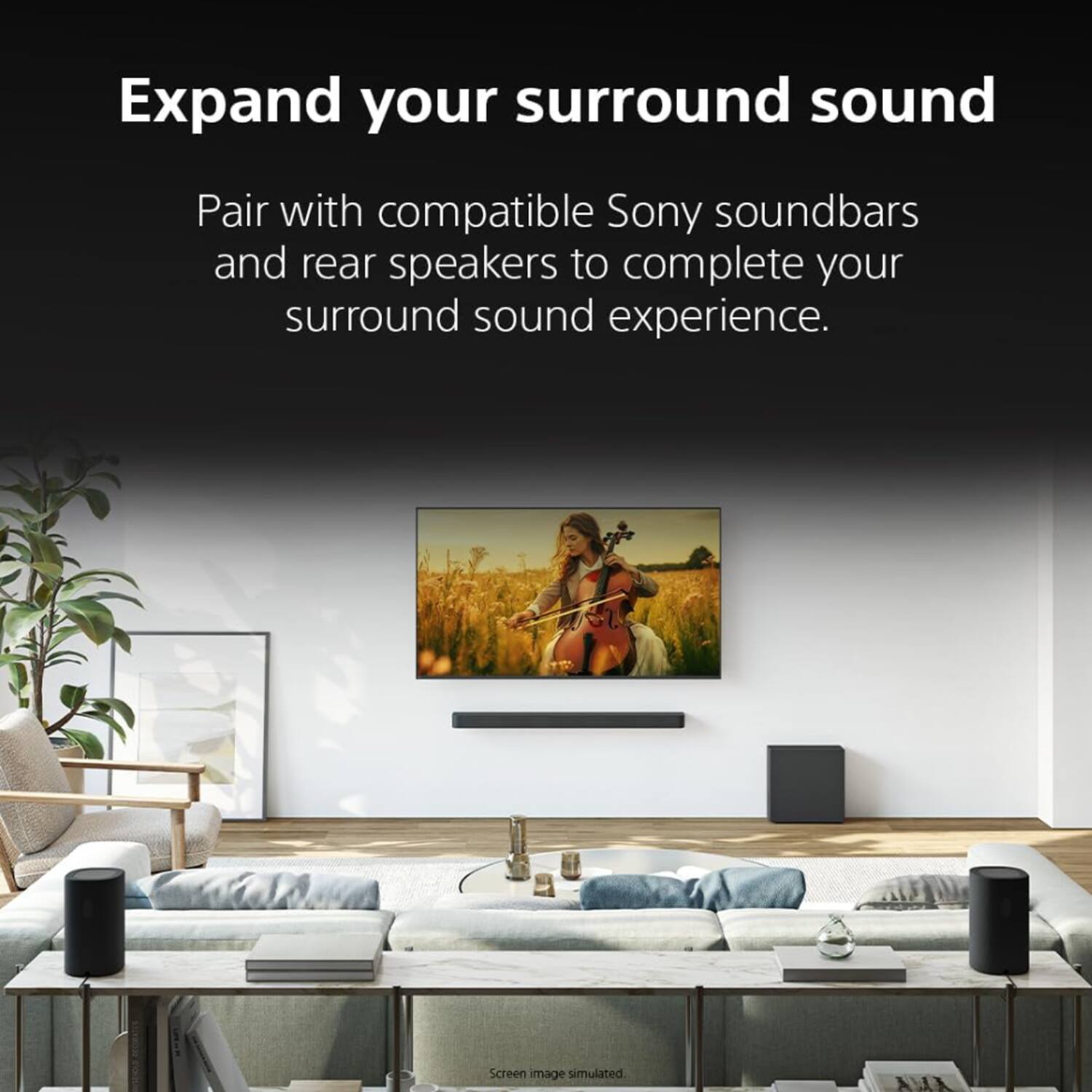 Expand your surround sound

Pair with compatible Sony soundbars and rear speakers to complete your surround sound experience.

Screen image simulated