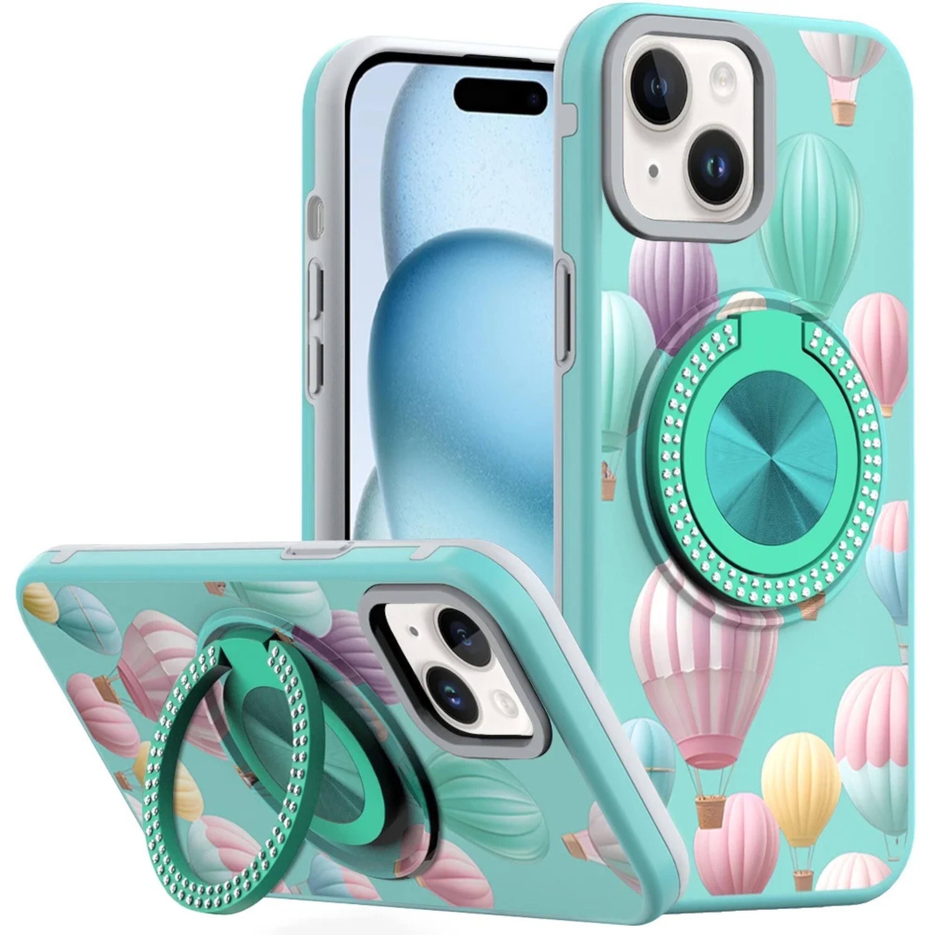 Front. Kitcheniva - Printed Bling 360 Rotating Ring Stand Phone Case With 2 Tempered Glass For iPhone 15 Balloon - Balloon.