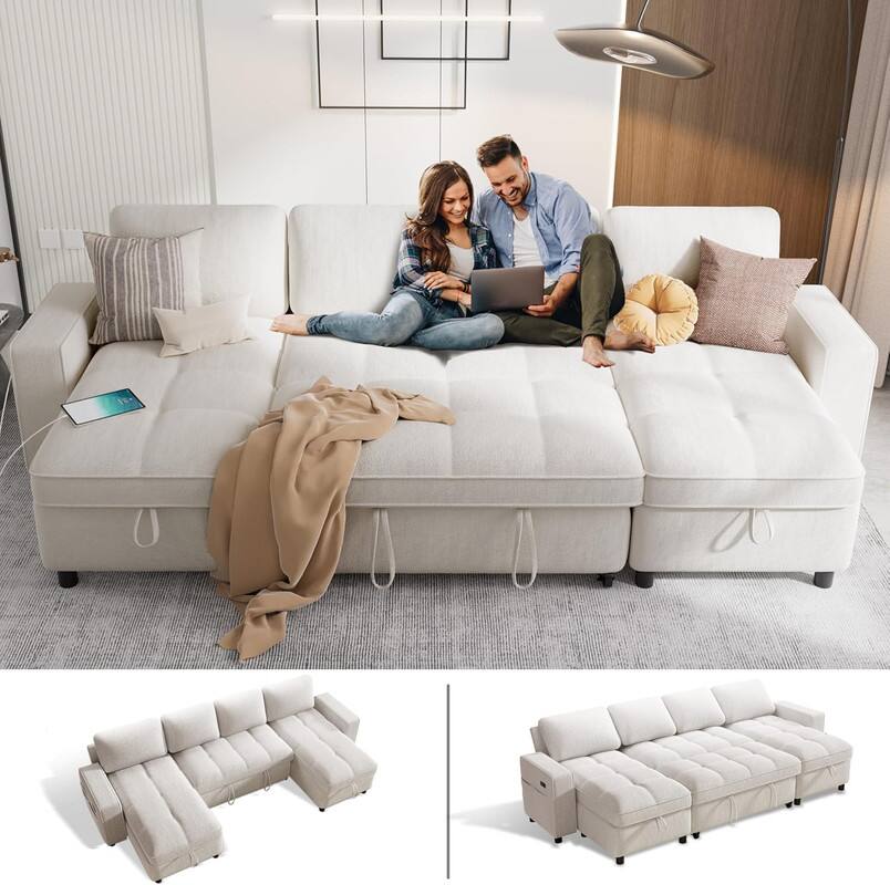 Back. Dyonery - Dyonery 108" 4 Seat Modular Sectional Sofa with USB Ports/Adjustable Backrest/2 Storage Seats,Beige - Beige.