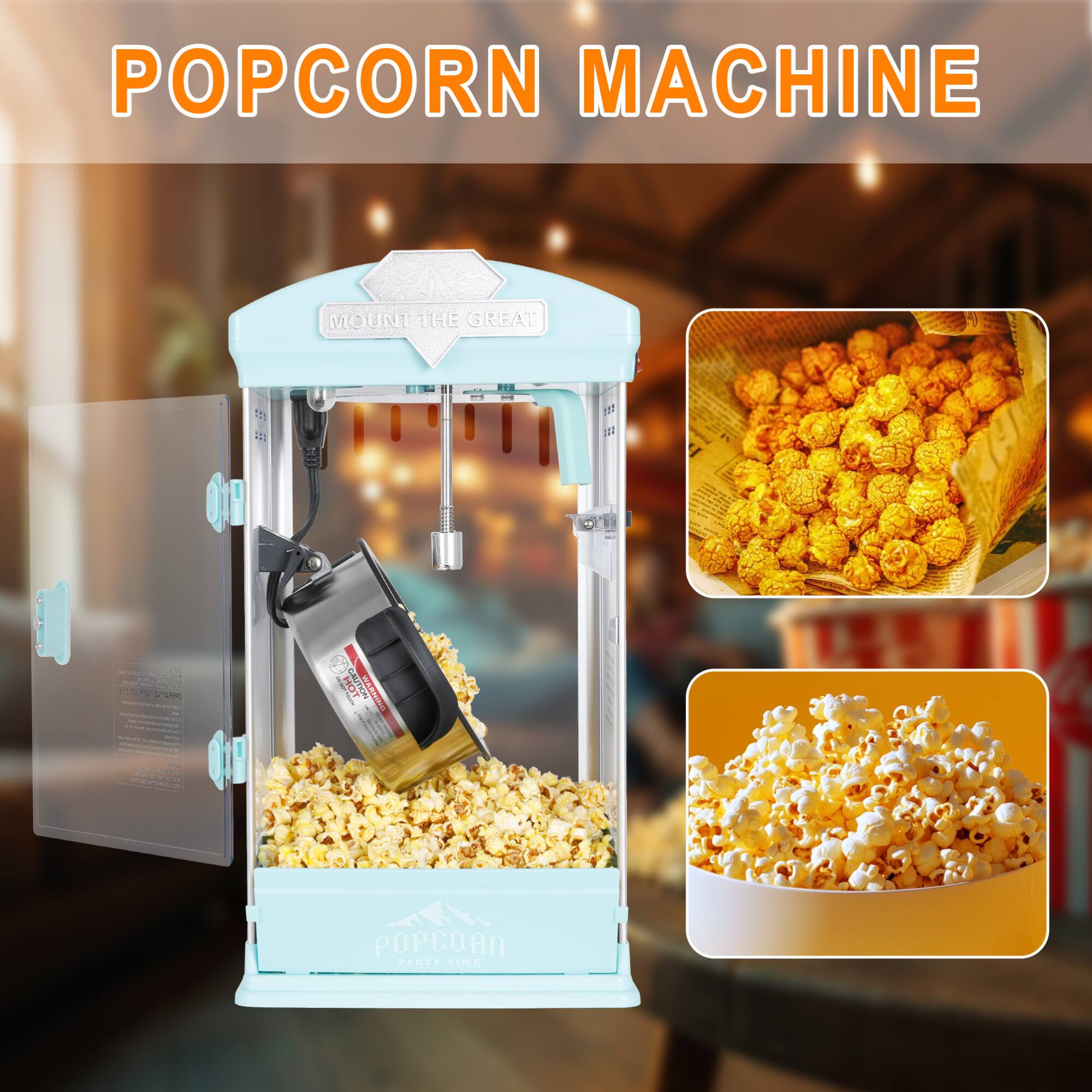 Angle. GOODSILO - Portable Popcorn Maker Machine with Warming Deck, 8-Ounce Kettle, Ideal for Parties and Home Movie Nights - Green.