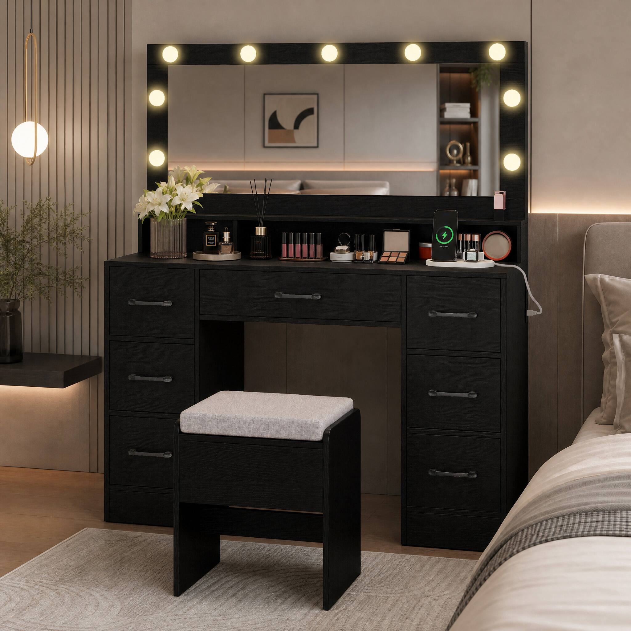 Front. WELLFOR - Makeup Vanity Desk with Lights & Charging Station, Modern Vanity Desk Set with 7 Drawers & Storage Stool for Bedroom - Black.