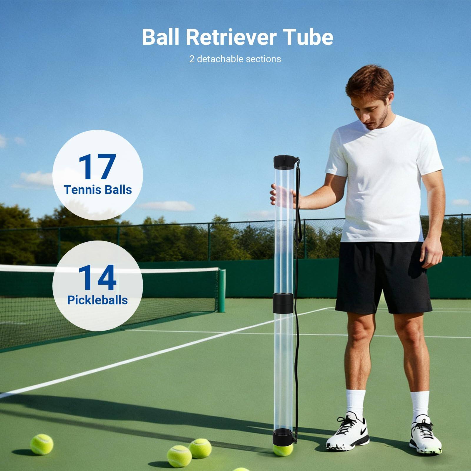 Ball Retriever Tube  
2 detachable sections  

17 Tennis Balls  
14 Pickleballs