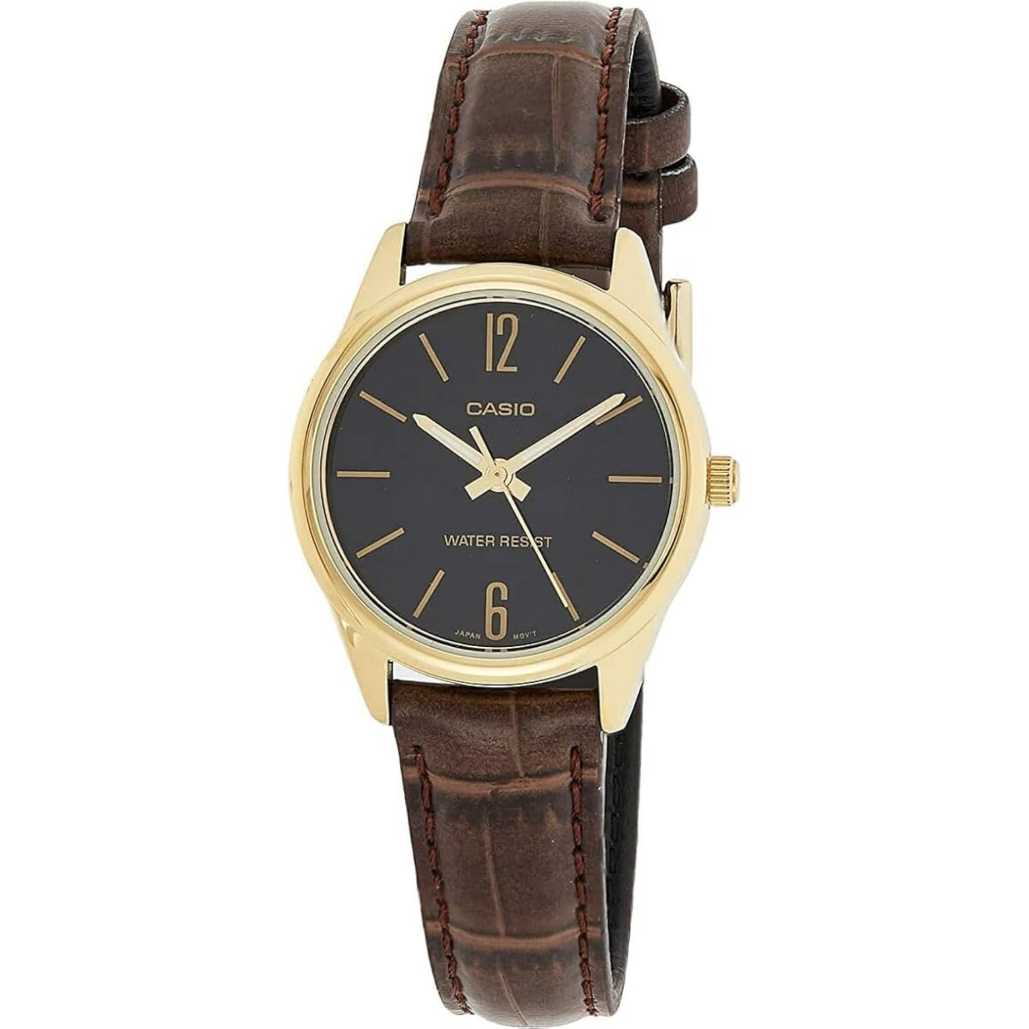 Casio - Women’s Gold-Tone Leather Strap Analog Watch Black Dial - LTP-V005GL-9BUDF - Brown price history on PriceWatchPro