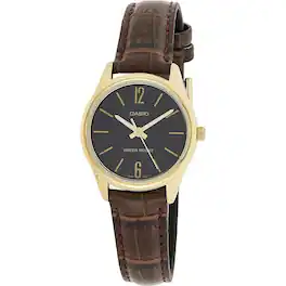 Casio - Women’s Gold-Tone Leather Strap Analog Watch Black Dial - LTP-V005GL-9BUDF - Brown