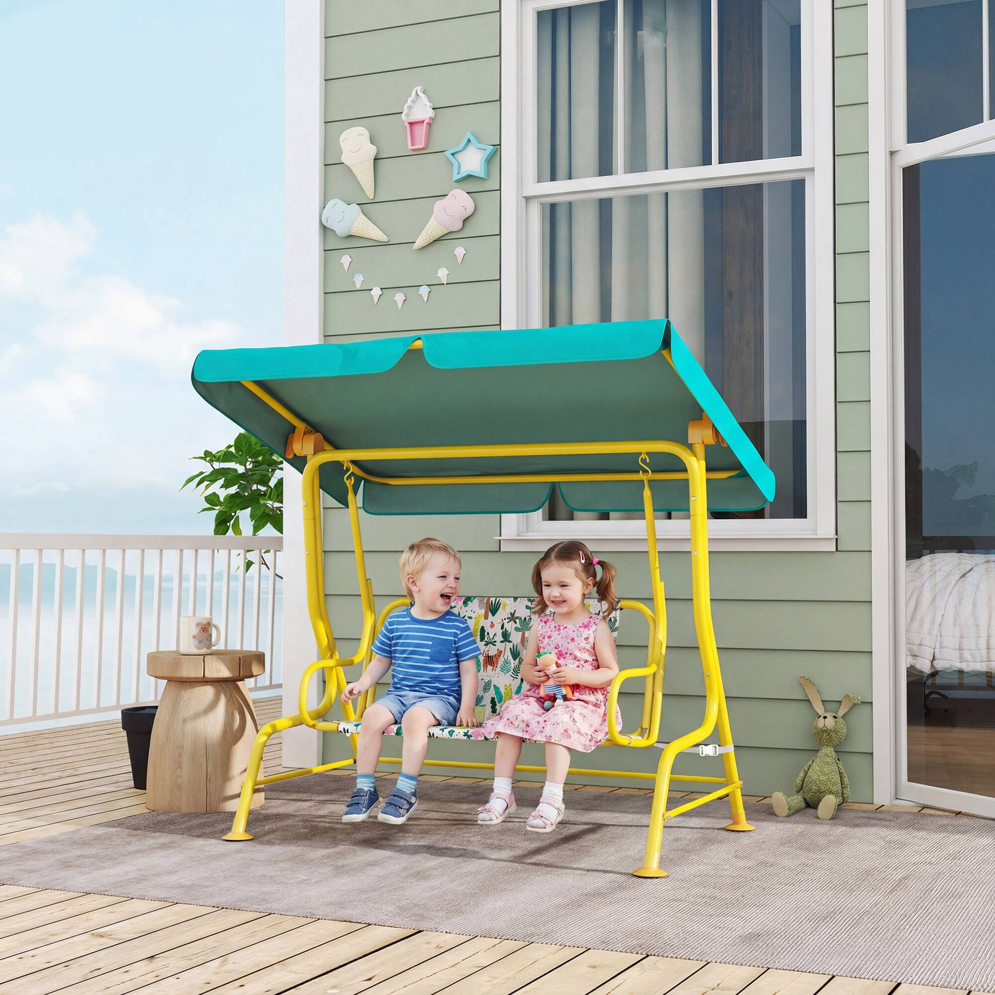 Alt View 1. Qaba - Kids Porch Swing, 2-Seater Patio Swing Bench with Safety Belts, Adjustable Canopy for Backyard - Green.