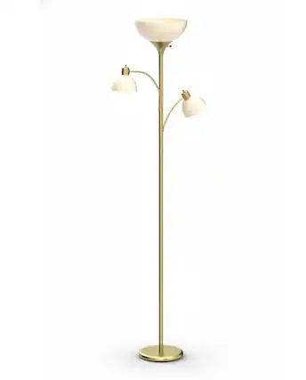 Front. FINEAK - Sky Dome Double LED Torchiere Floor Lamp - Brass Pole Dimmable Tall Standing Lamp with 2 Reading Lights - Gold.