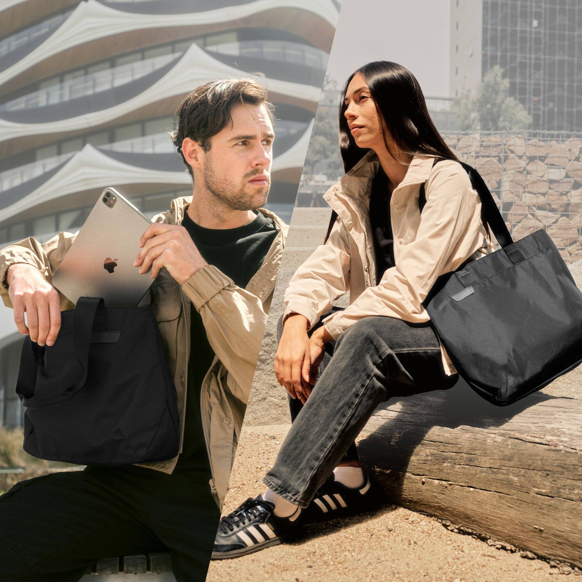 Left. ALPAKA - Small Tote Bag for Work & Travel, 9L,Fits 11" iPad/Tablet, Magnetic Open-Top, Bottle Sleeves, Slip Pockets - Black Axoflux 210D.