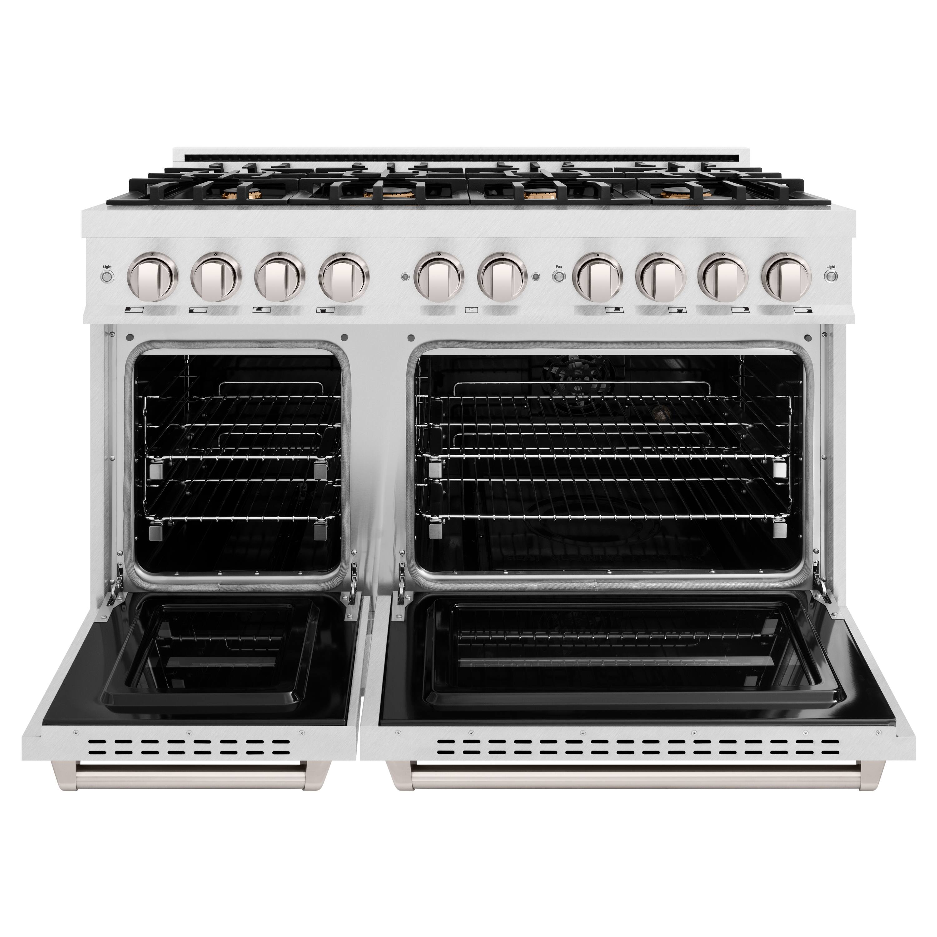 Angle. ZLINE - ZLINE 48 in. Classic Double Oven Gas Range in Satin Steel Stainless w/ 8 Brass Burners (CGRS-BR-48) - Stainless Steel.