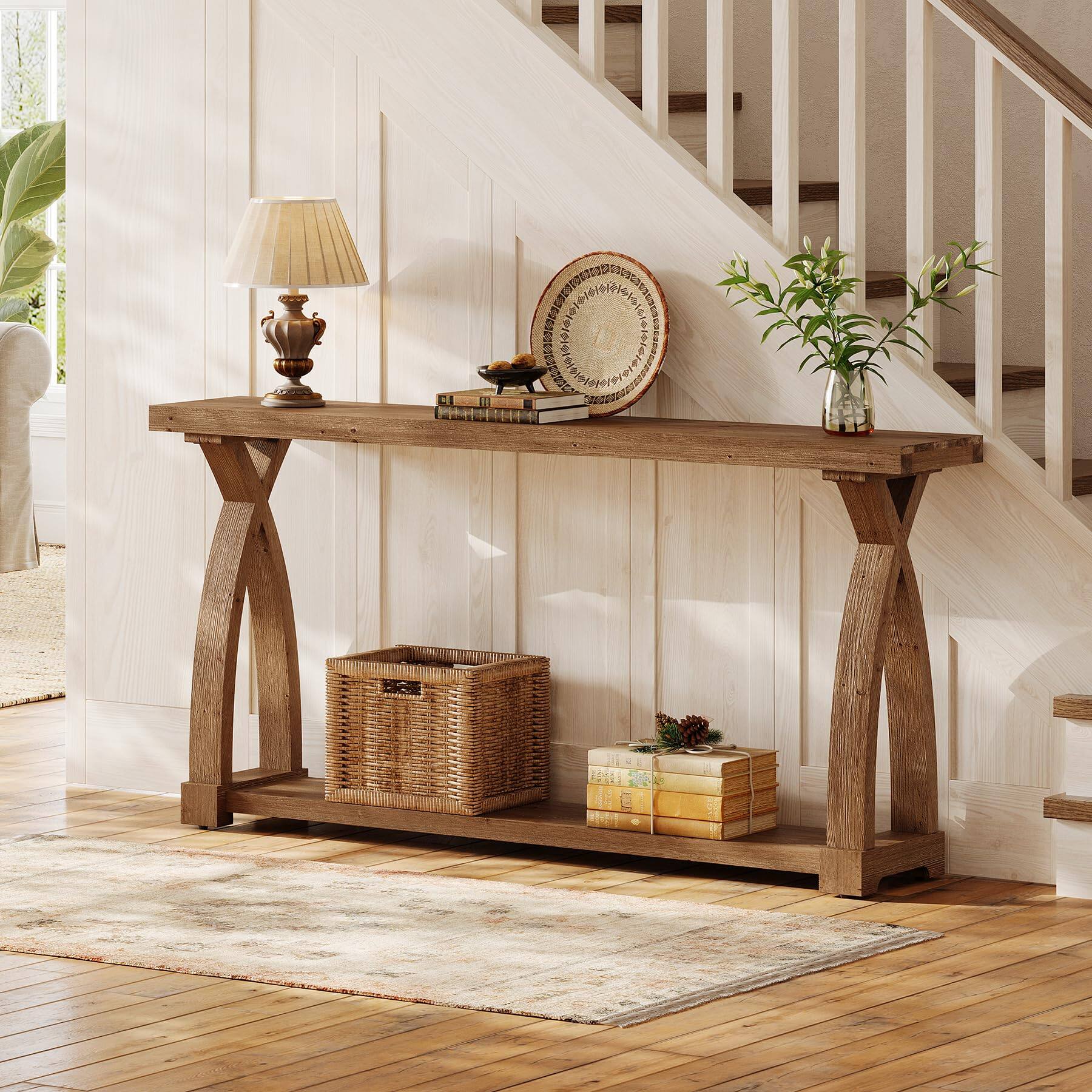 Alt View 5. Tribesigns - 63" Long Console Table, 2-Tier Entryway Table with Storage Shelf - Dark Brown.