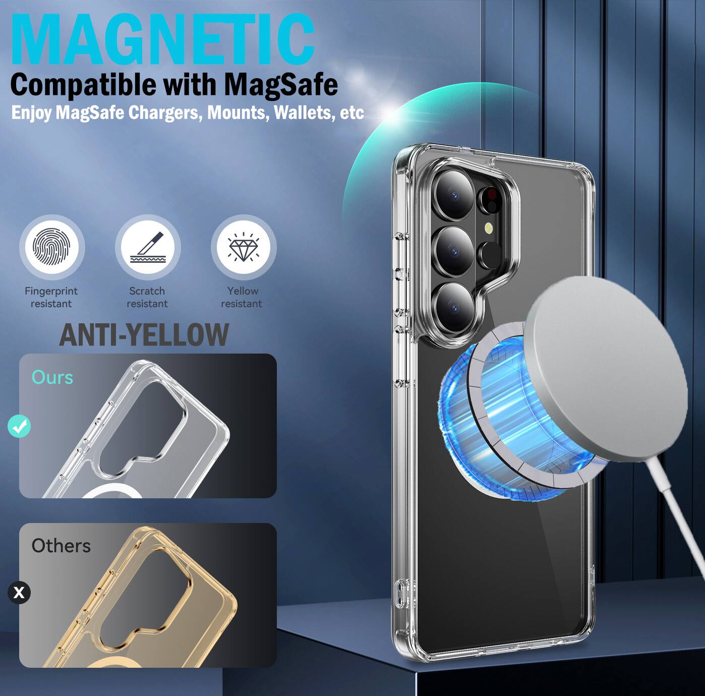 MAGNETIC  
Compatible with MagSafe  
Enjoy MagSafe Chargers, Mounts, Wallets, etc  

Fingerprint resistant  
Scratch resistant  
Yellow resistant  

ANTI-YELLOW  

Ours  
Others