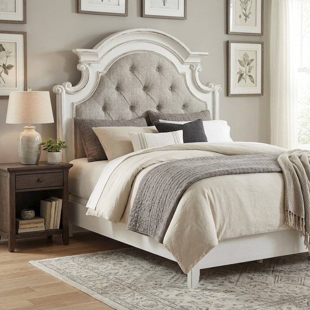 Alt View 2. Starlight Canyon Home - Antique White Upholstered Panel Headboard with Weathered Bark Wood Accents - White.