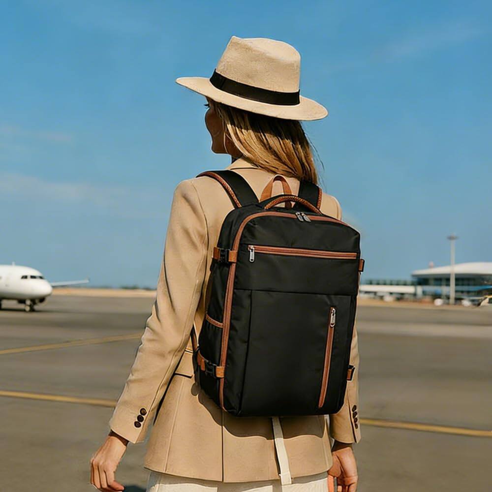 Alt View 5. Quick Deer - 36L Travel Backpack for Men Women, Flight Approved Carry On Laptop Backpack 18.5", Water-Resistant School Daypack - Black & Brown.