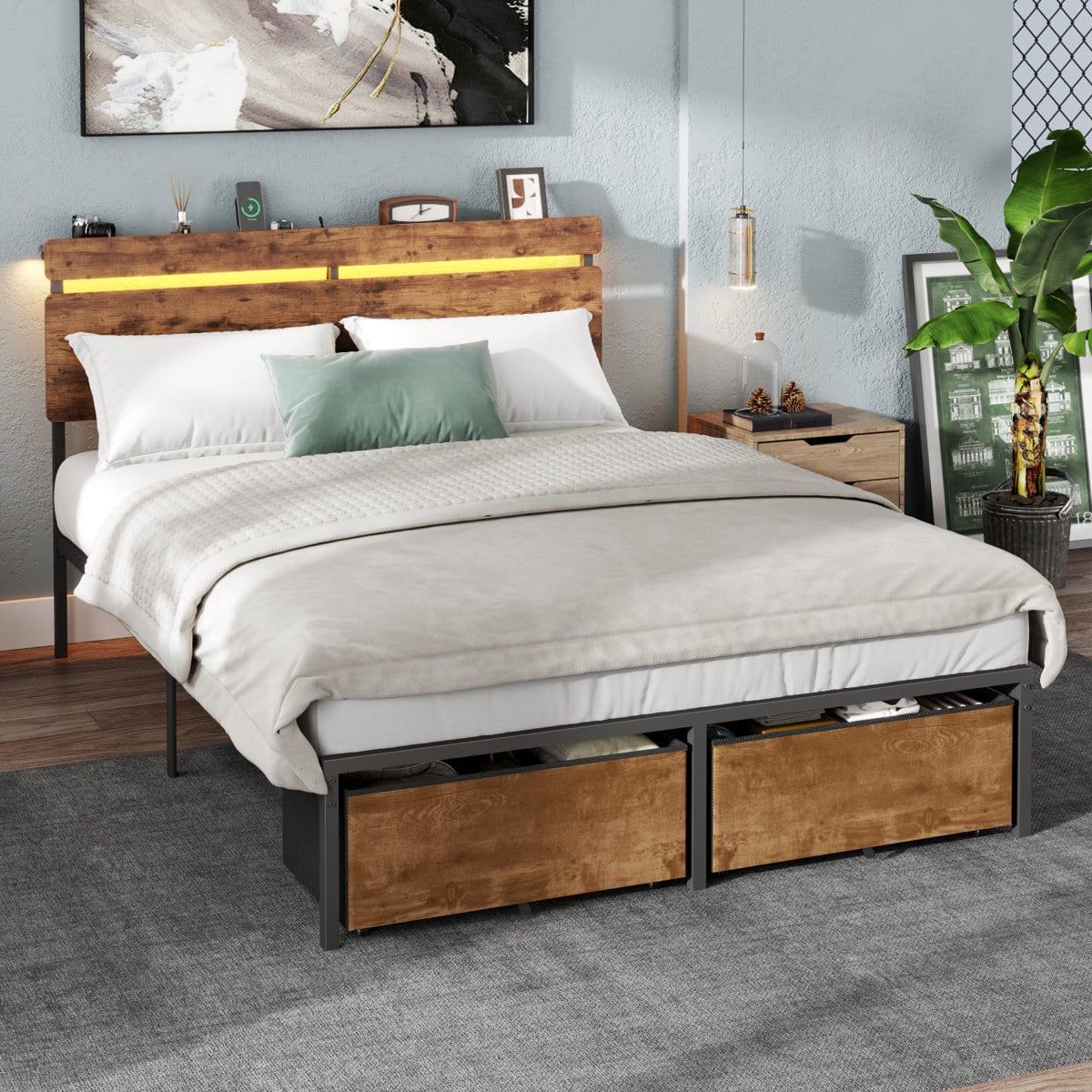 Furnulem - Platform Bed with 2 Drawers and Open Storage Headboard Adjustable LED Light and Charging Station - Brown