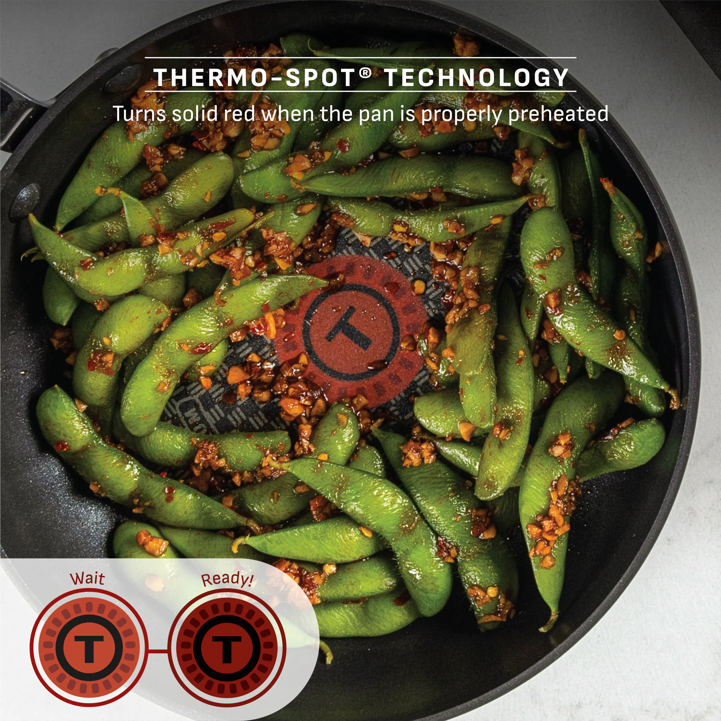 THERMO-SPOT® TECHNOLOGY  
Turns solid red when the pan is properly preheated  

Wait  
Ready!