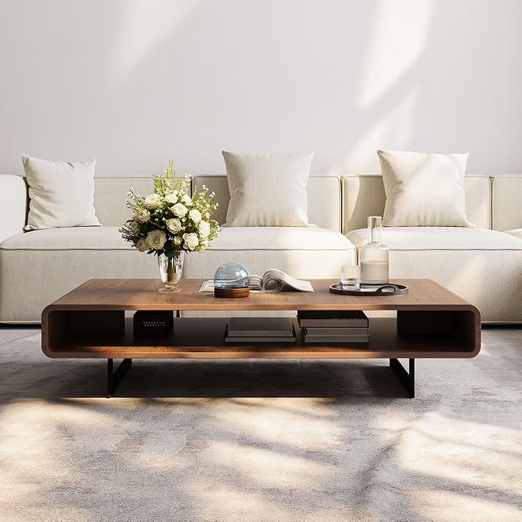 Acanva - Mid Century Modern Coffee Table with Storage Shelf, for Living Room/Office/Reception - Crown Walnut