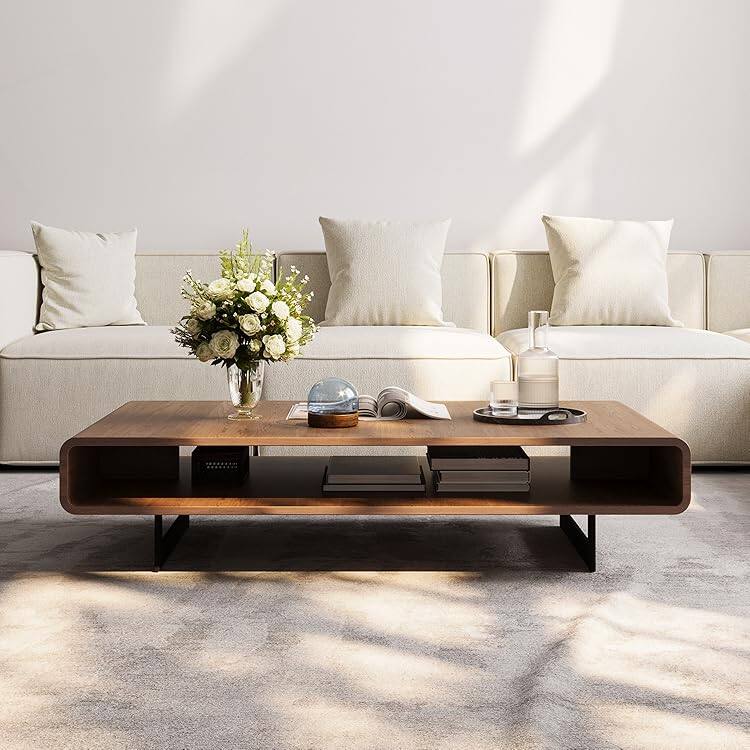 Front. Acanva - Mid Century Modern Coffee Table with Storage Shelf, for Living Room/Office/Reception - Crown Walnut.