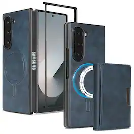 Dteck - 2-in-1 Magnetic Wallet Case for Samsung Galaxy Z Fold6, Shockproof PU Leather Cover with Detachable 7-Card Holder - Blue