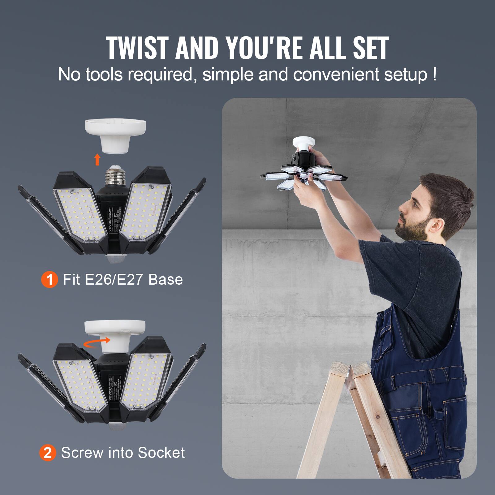 TWIST AND YOU'RE ALL SET  
No tools required, simple and convenient setup!  

1. Fit E26/E27 Base  
2. Screw into Socket