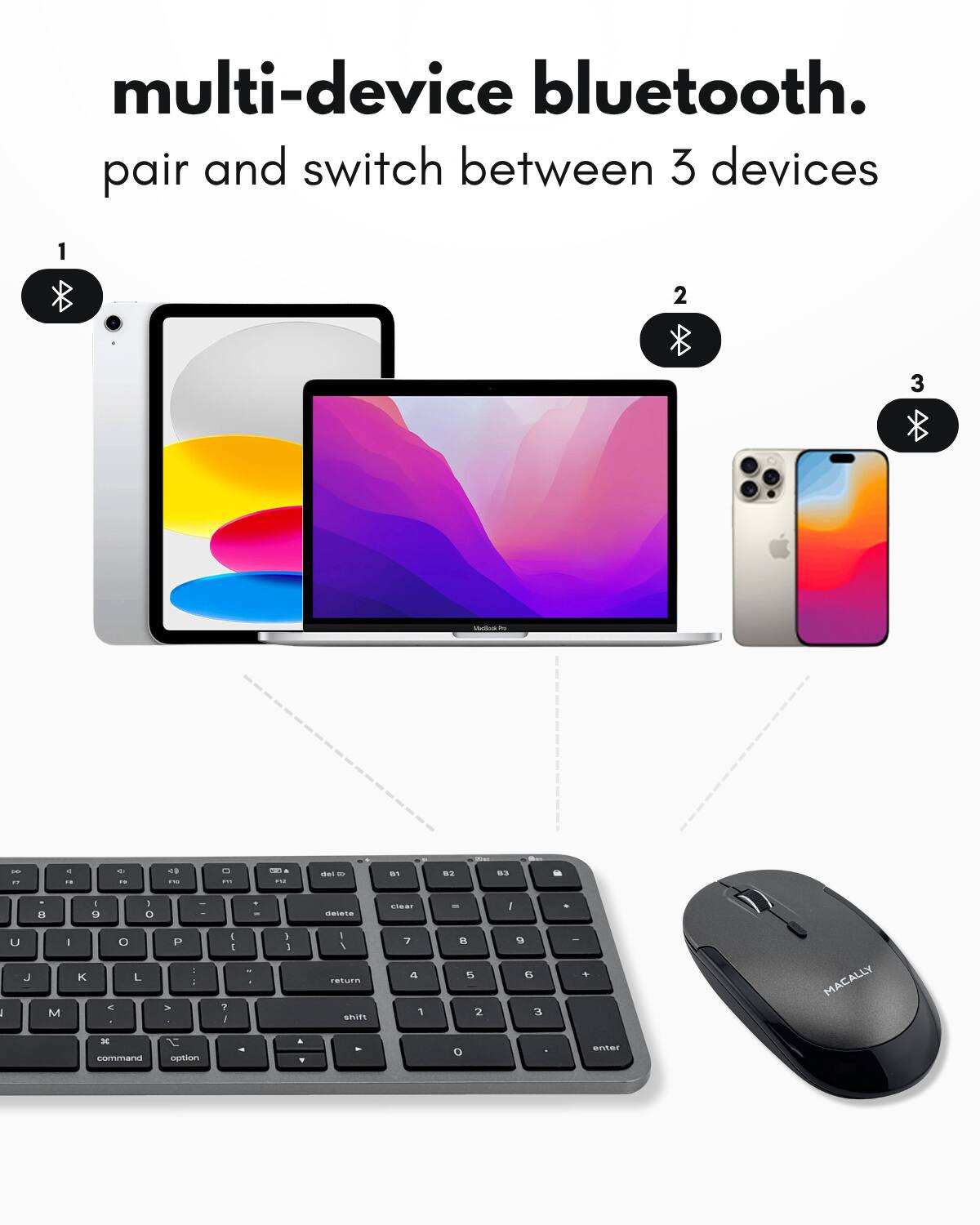 multi-device bluetooth.  
pair and switch between 3 devices  

1  
2  
3  

MACALLY