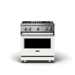 Viking - 5-Series 30" 6.1 cu ft Freestanding All Gas Sealed Burner Range - LP - Pure White + Brass - Pure White with Brushed Brass Accents
