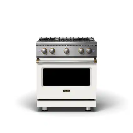 Front. Viking - 5-Series 30" 6.1 cu ft Freestanding All Gas Sealed Burner Range - LP - Pure White + Brass - Pure White with Brushed Brass Accents.