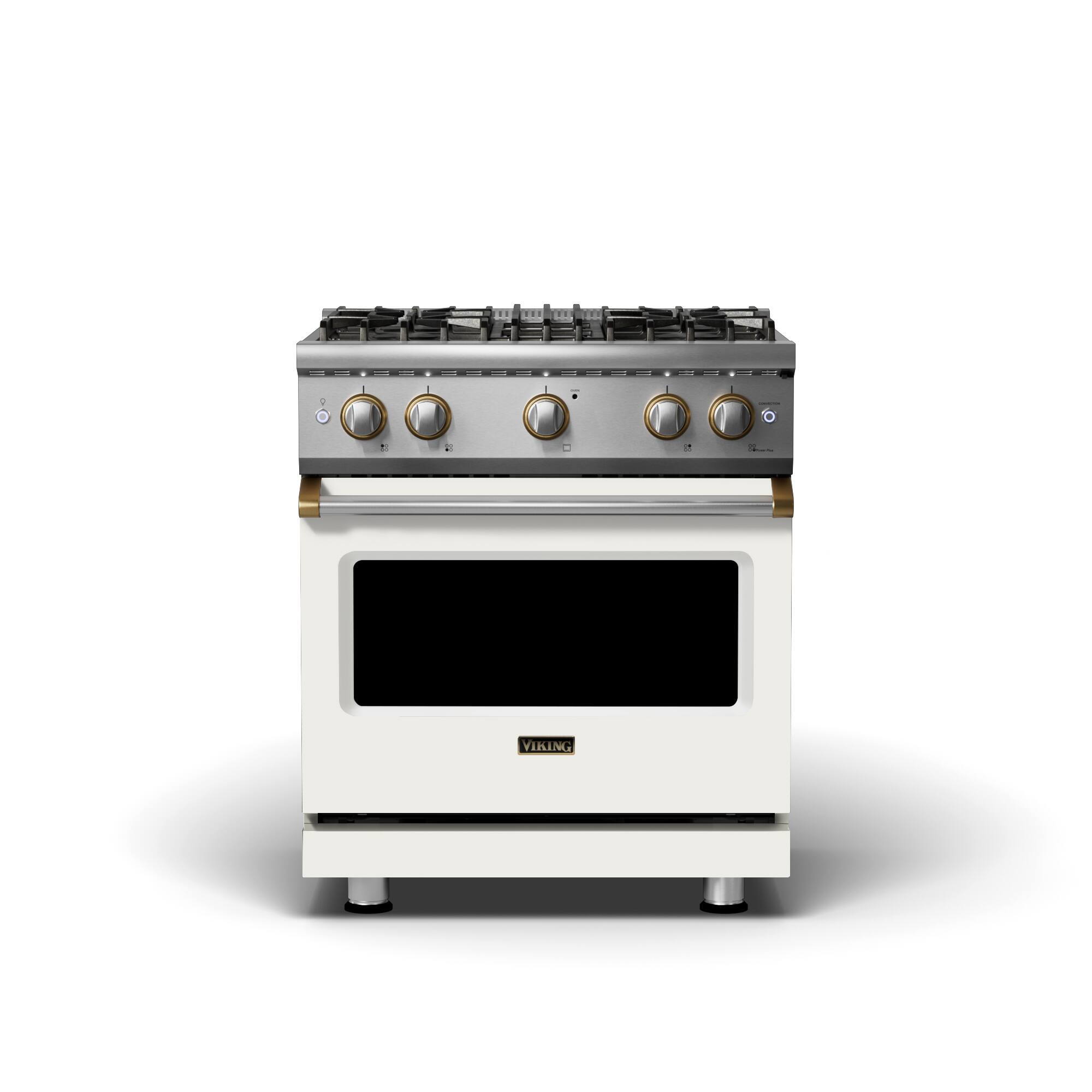 Viking - 5-Series 30" 6.1 cu ft Freestanding All Gas Sealed Burner Range - LP - Pure White + Brass - Pure White with Brushed Brass Accents