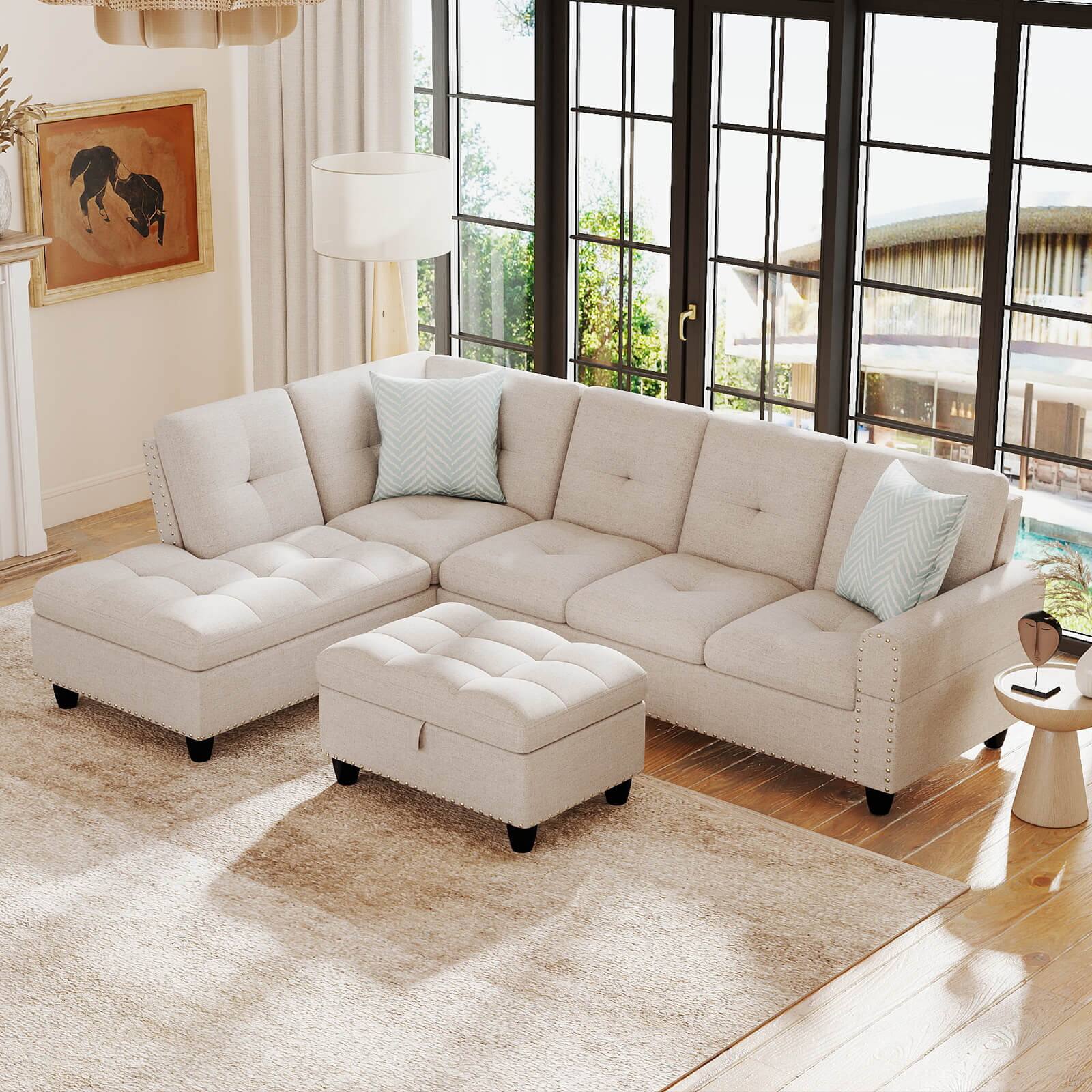 Alt View 1. Costway - Costway 98" L-Shaped Sofa with Movable Storage Ottoman Linen Fabric Backs Seats Cup Holders - Beige.