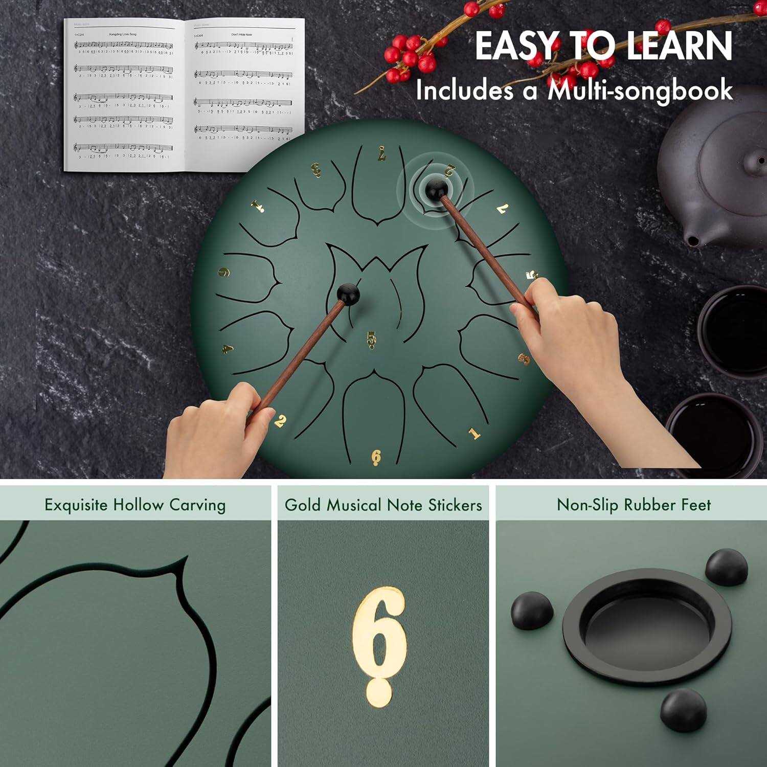 EASY TO LEARN  
Includes a Multi-songbook  

Exquisite Hollow Carving  
Gold Musical Note Stickers  
Non-Slip Rubber Feet