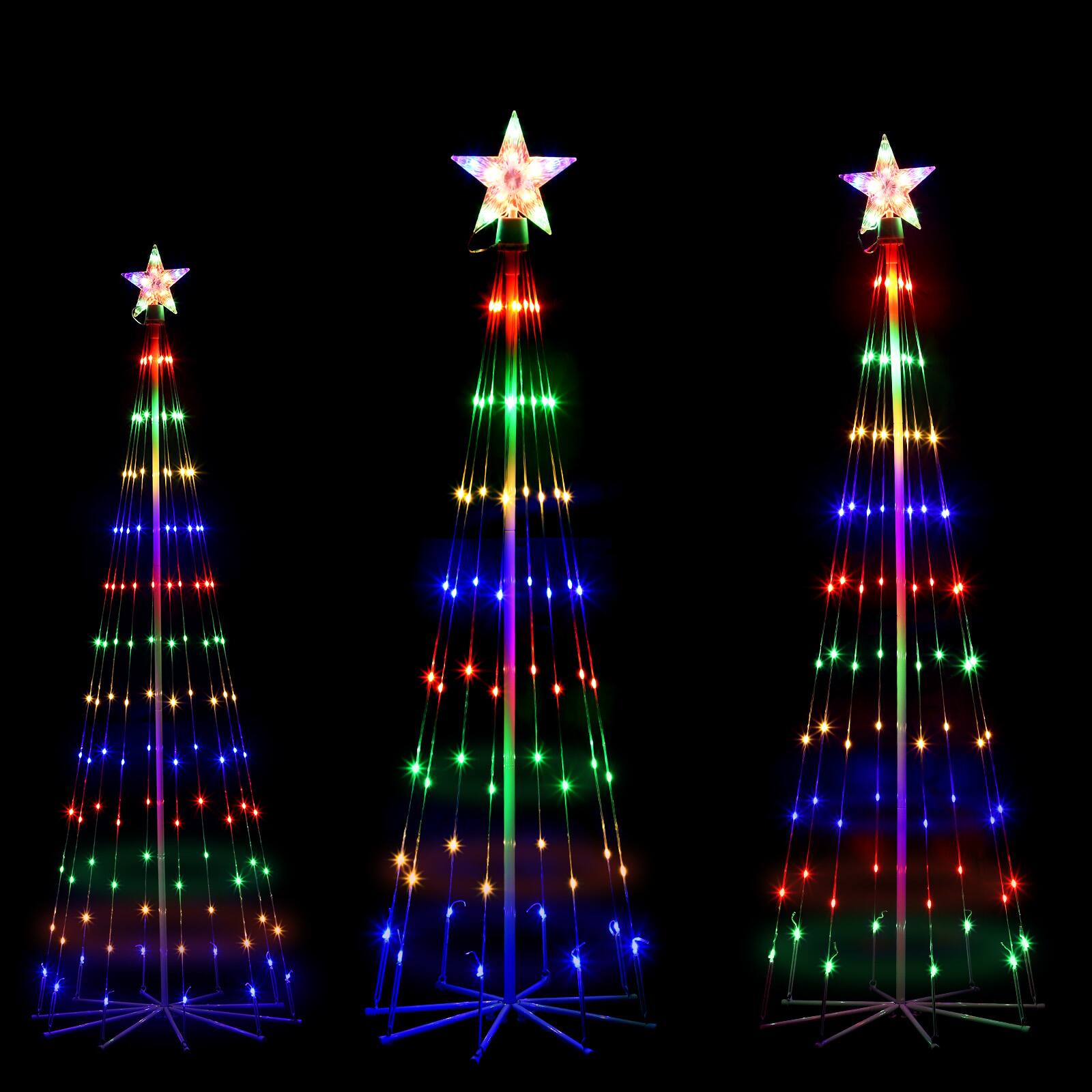 Front. Oumilen - 4FT 5FT 6FT Multicolor Cone Tree Light 3‑Pack – Star‑Topped 8‑Modes Plug‑In Xmas Lights for Yard Lawn Garden.