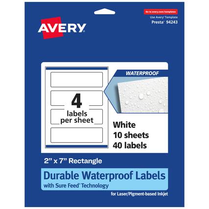 Go to avery.com/templates
AVERY
Use Avery Template Presta 94243
WATERPROOF
4 labels per sheet
White 10 sheets 40 labels
2" X 7" Rectangle
Durable Waterproof Labels with Sure Feed Technology for Laser/Pigment-based Inkjet
