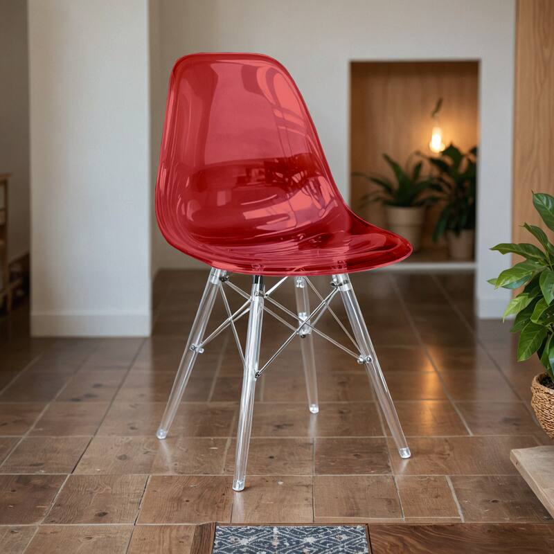 Left. LeisureMod - Dover Modern Acrylic Accent Side Chair with Eifel Design Legs for Dining Room, Kitchen and Home Office - Transparent Red.