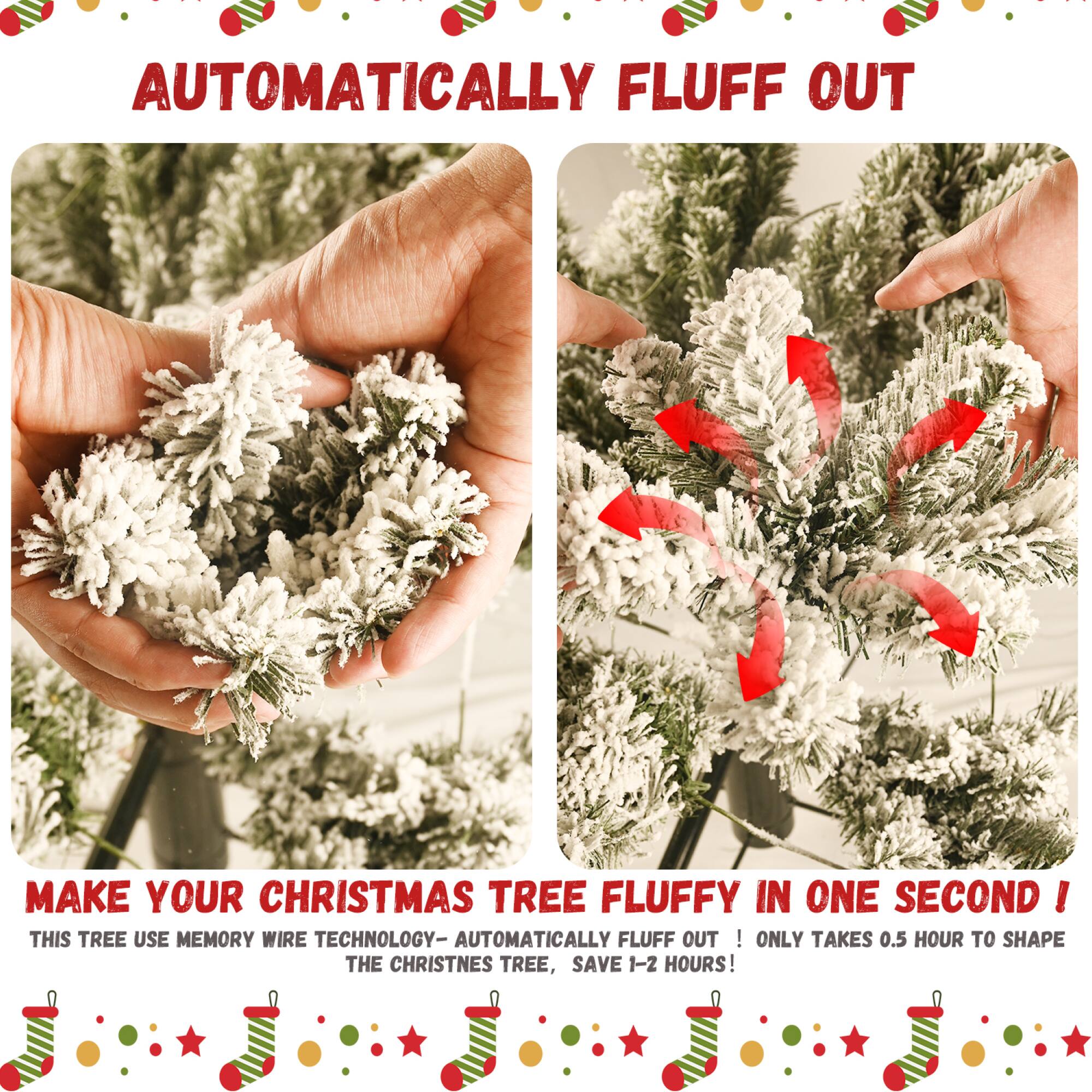 Sure, here is the corrected and grouped text from the image:

---

**AUTOMATICALLY FLUFF OUT**

---

**MAKE YOUR CHRISTMAS TREE FLUFFY IN ONE SECOND!**

**THIS TREE USE MEMORY WIRE TECHNOLOGY - AUTOMATICALLY FLUFF OUT! ONLY TAKES 0.5 HOUR TO SHAPE THE CHRISTMAS TREE, SAVE 1-2 HOURS!**

---

**AUTOMATICALLY FLUFF OUT**

---

**MAKE YOUR CHRISTMAS TREE FLUFFY IN ONE SECOND!**

**THIS TREE USE MEMORY WIRE TECHNOLOGY - AUTOMATICALLY FLUFF OUT! ONLY TAKES 0.5 HOUR TO SHAPE THE CHRISTMAS TREE, SAVE 1-2 HOURS!**