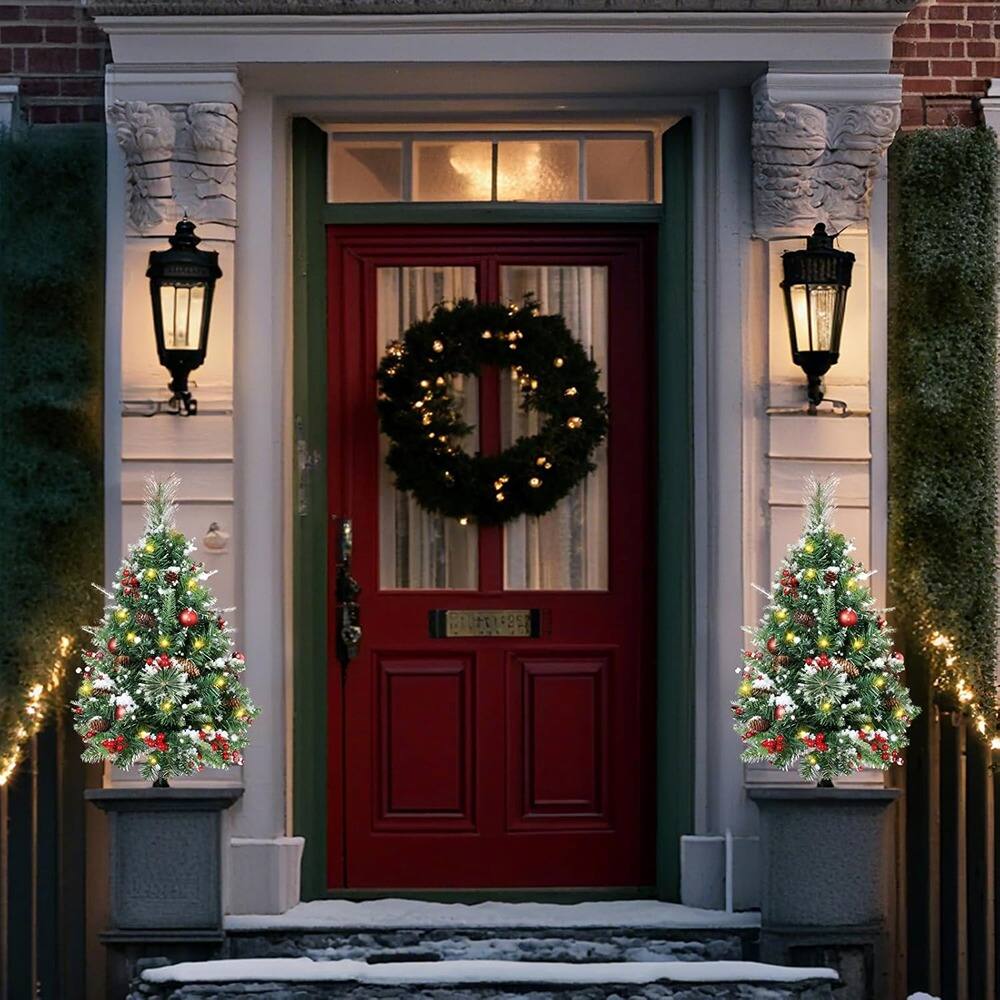 Angle. Gymax - Gymax 2 Pack 24'' Artificial Cypress Topiary Ball Tree Set w/Ground Spike Decoration - Green.