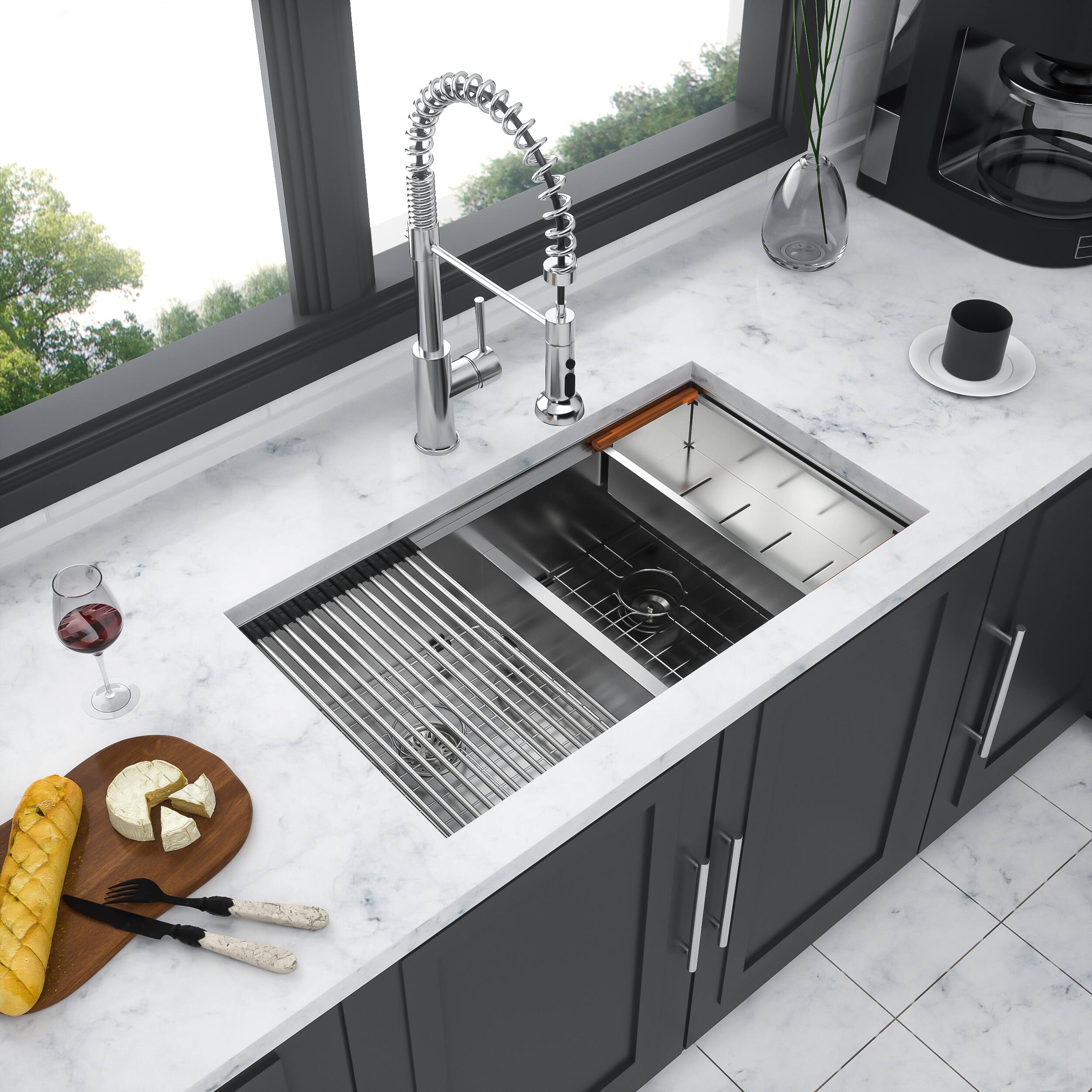 Left. Siljoy - Double Bowl (50/50) Undermount Kitchen Sink- 33"x19"x10" Stainless Steel 16 Gauge with Two 10" Deep Basin - Brushed Nickel.